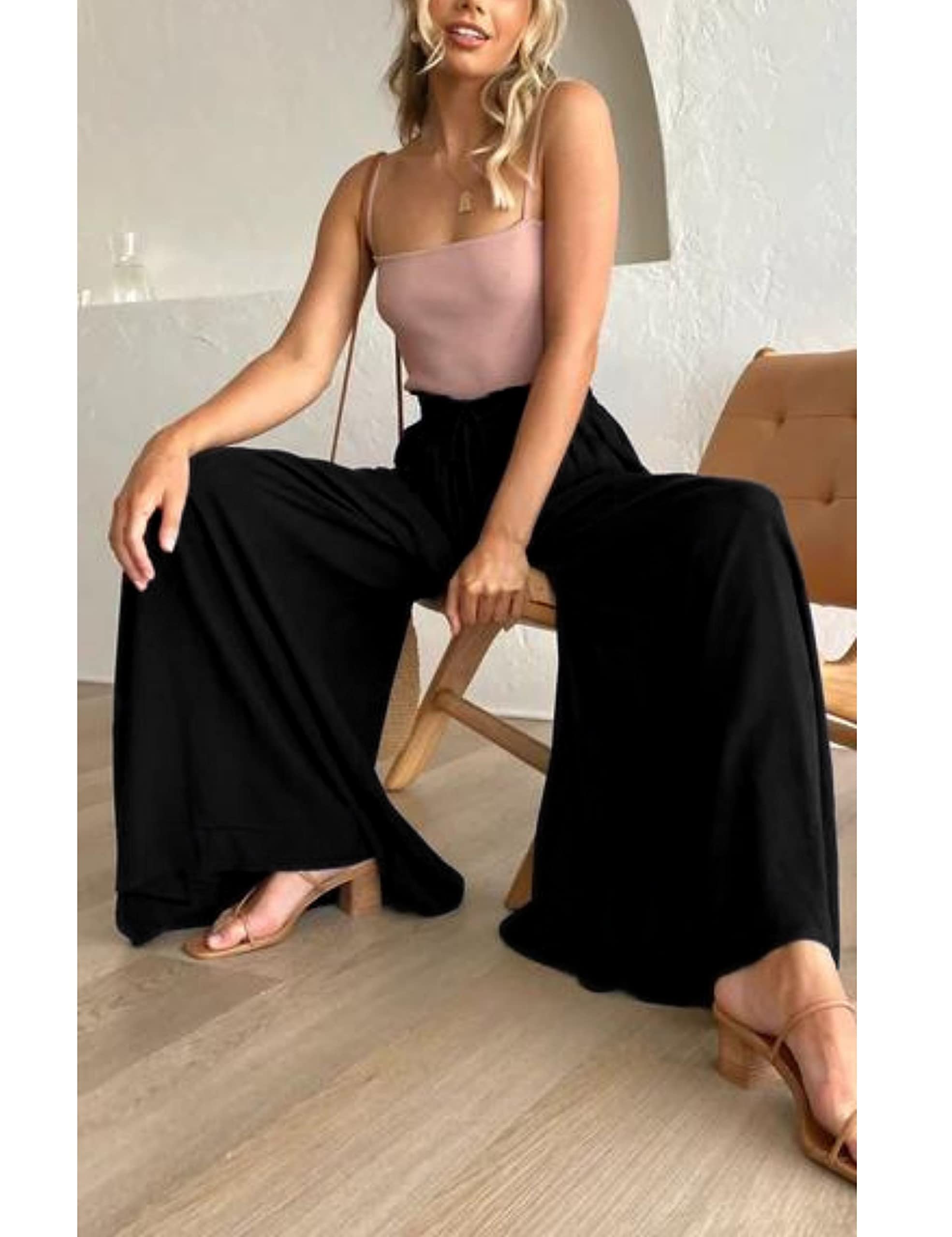 Hooever Women's Wide Leg Palazzo Pants - Flowy Drape Ruffle Drawstring Waist Casual Trousers for Work, Travel & Summer Outfits