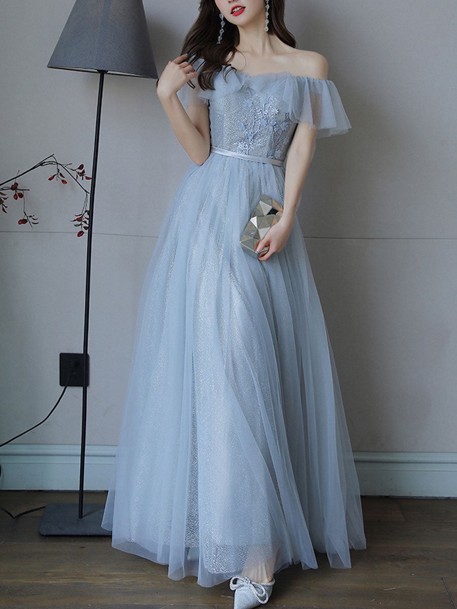 Elegant Light Blue Tulle Lace Long Prom Dress & Bridesmaid Gown - Perfect for Formal Dances, Weddings and Special Occasions