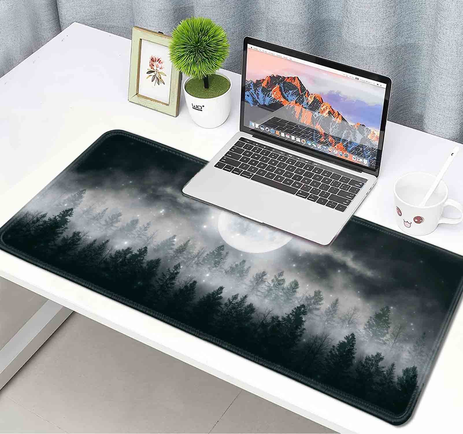 Full Moon Snow Fog Mouse Pad - Extra Large Dark Misty Forest Design, Non-Slip Rubber Base XXL Gaming Mouse Mat for Full Desk - Perfect for PC Gaming, Office Work & Home Computer Setup