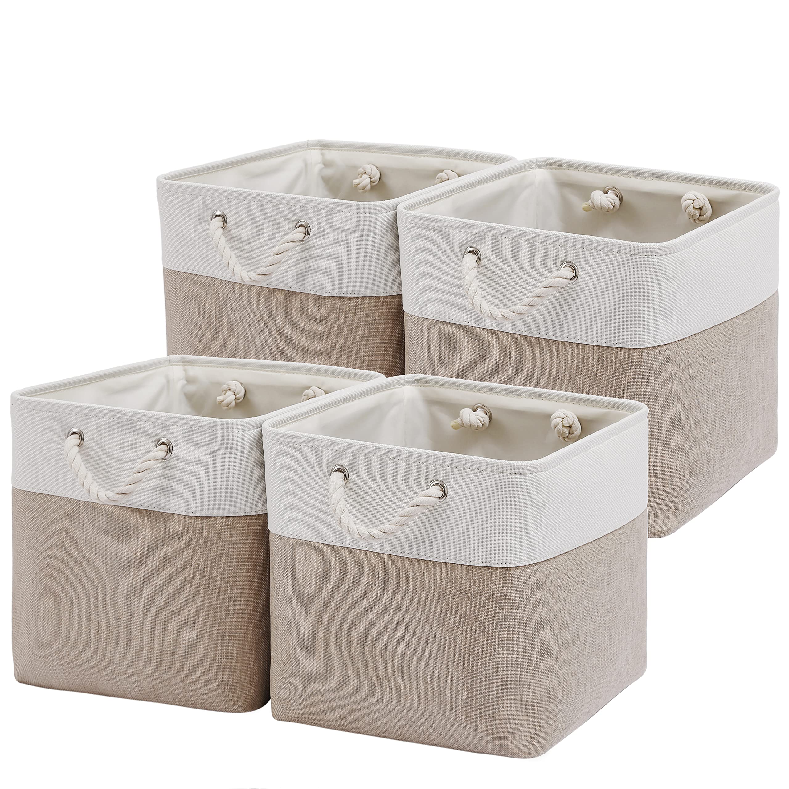 13 x 13 Inch Cube Storage Bins, 4 Pack Large Collapsible Fabric Storage Bins with Handles - Foldable Organizer for Closet, Toys, Clothes, Office & Home Organization (White & Beige) - Perfect for Nursery, Playroom, Shelving & Underbed Storage