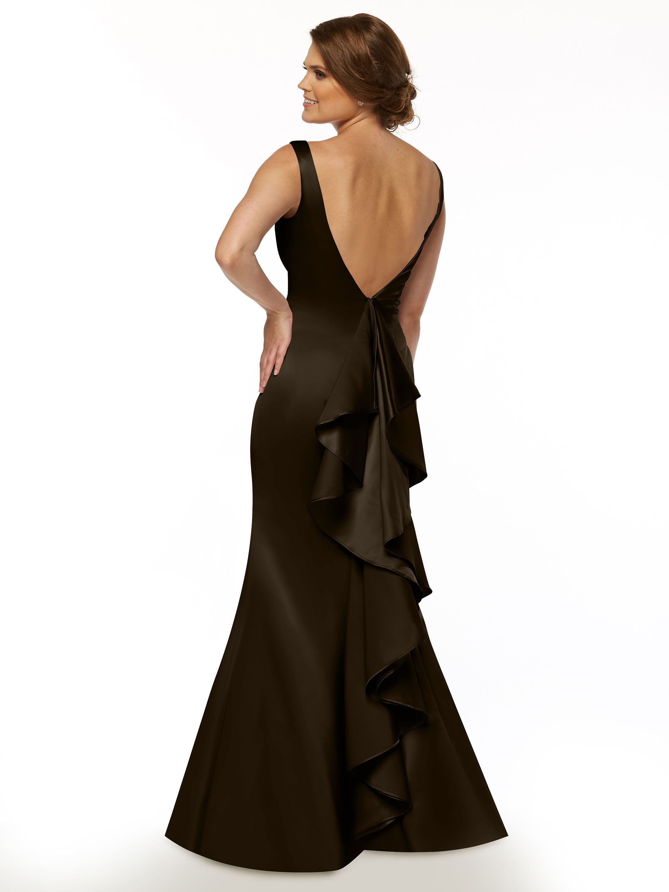 Elegant Fit and Flare Satin Bridesmaid Dress with V-Neckline & Ruffled Back - Perfect for Weddings, Formal Events & Special Occasions