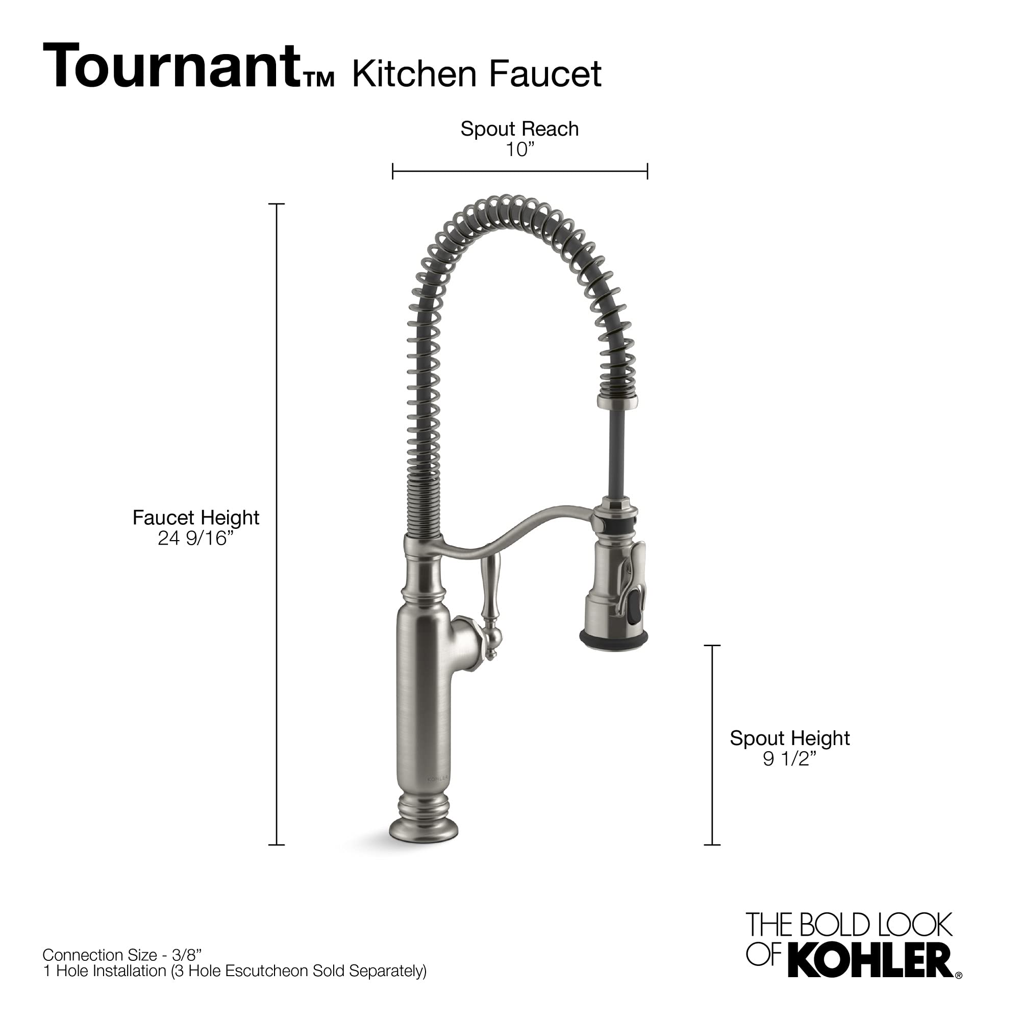 KOHLER Tournant Semi-Professional Pull-Down Kitchen Sink Faucet with Sprayer - Commercial Grade 77515-SN in Vibrant Polished Nickel - Perfect for Restaurants, Home Kitchens & Food Prep Stations