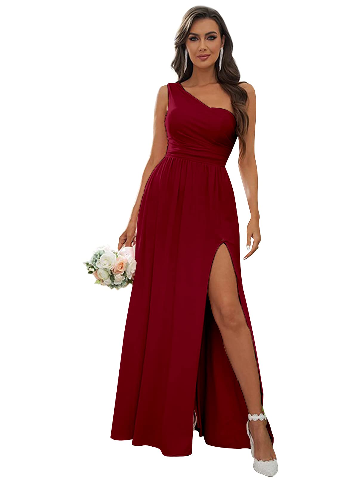 FEOLATE Elegant One Shoulder Long Bridesmaid Dress for Wedding, Formal Evening Party Gown with High Slit - Perfect for Bridal Shower, Prom, Cocktail Party & Special Occasions