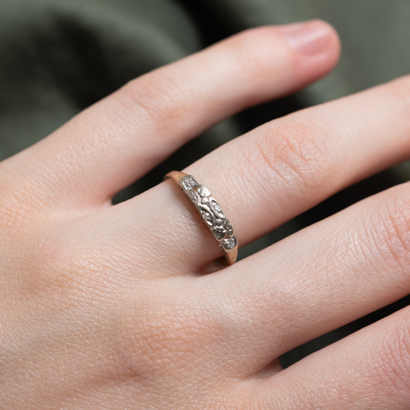 14K & Platinum Diamond Textured Ring for Women | 0.02ctw | Size 6.5 | Elegant Stackable Band for Wedding, Anniversary & Everyday Wear