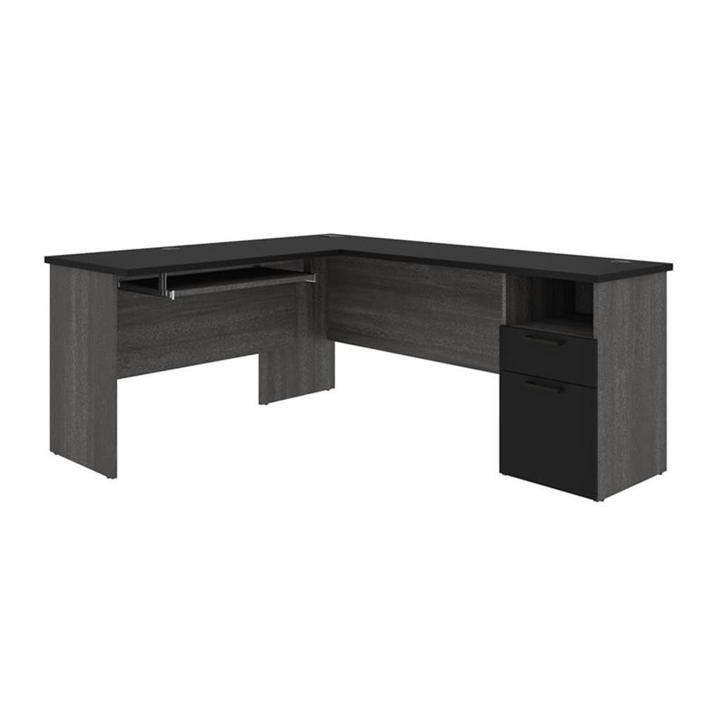 Pemberly Row Traditional L-Shaped Computer Desk in Black & Bark Gray - Home Office, Gaming, Study & Workspace Solution