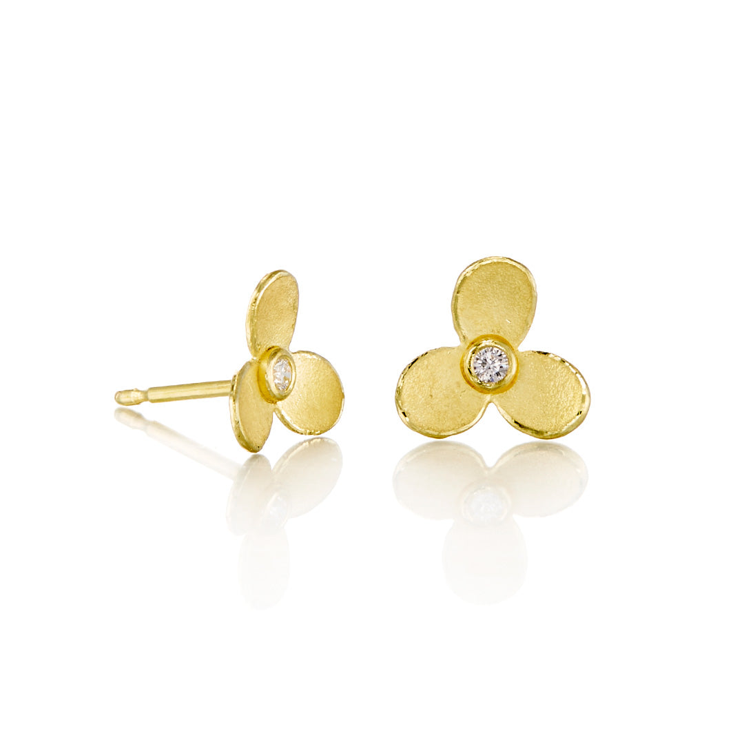 Trillium & Diamond Stud Earrings for Women - 14K Gold Flower Earrings with Genuine Diamonds - Perfect for Weddings, Anniversaries & Special Occasions