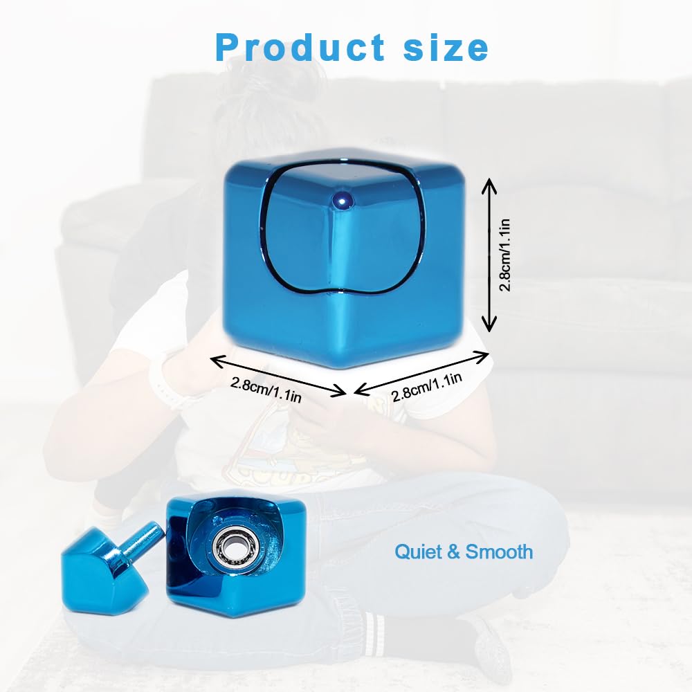 QUBI Cube Spinner 4-in-1 Fidget Toy for Anxiety Relief & Focus - Aluminum Alloy Stress Relief Spinner for Kids & Adults with ADHD, Autism - Blue Desktop EDC Fidget Spinner - Perfect for Office, School & Travel Stress Management