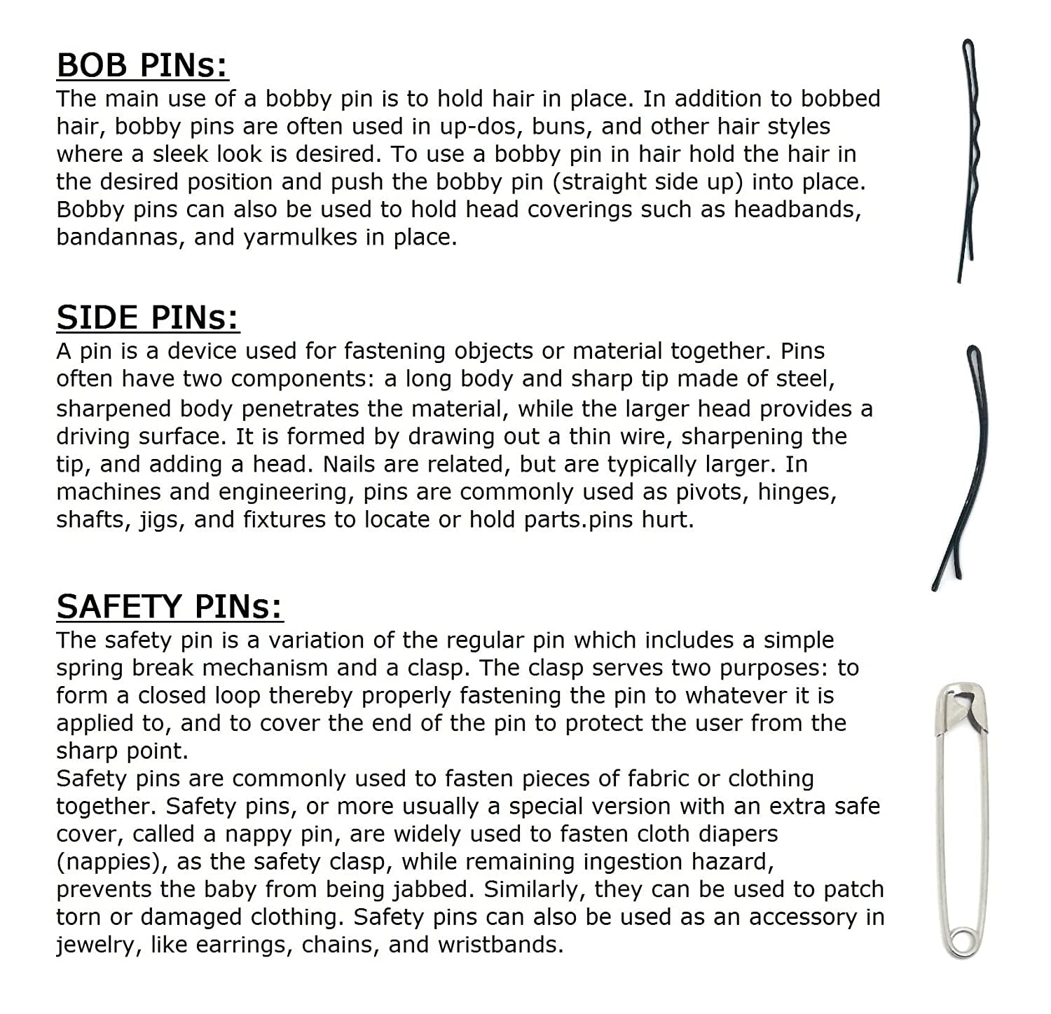 24 Bob Pins + 24 Side Pins + 10 Large Safety Pins + 10 Mixed Size Safety Pins - Hair Clips for Bun, Updo & Braid Hairstyles - Perfect for Salon, Wedding & Everyday Hair Styling