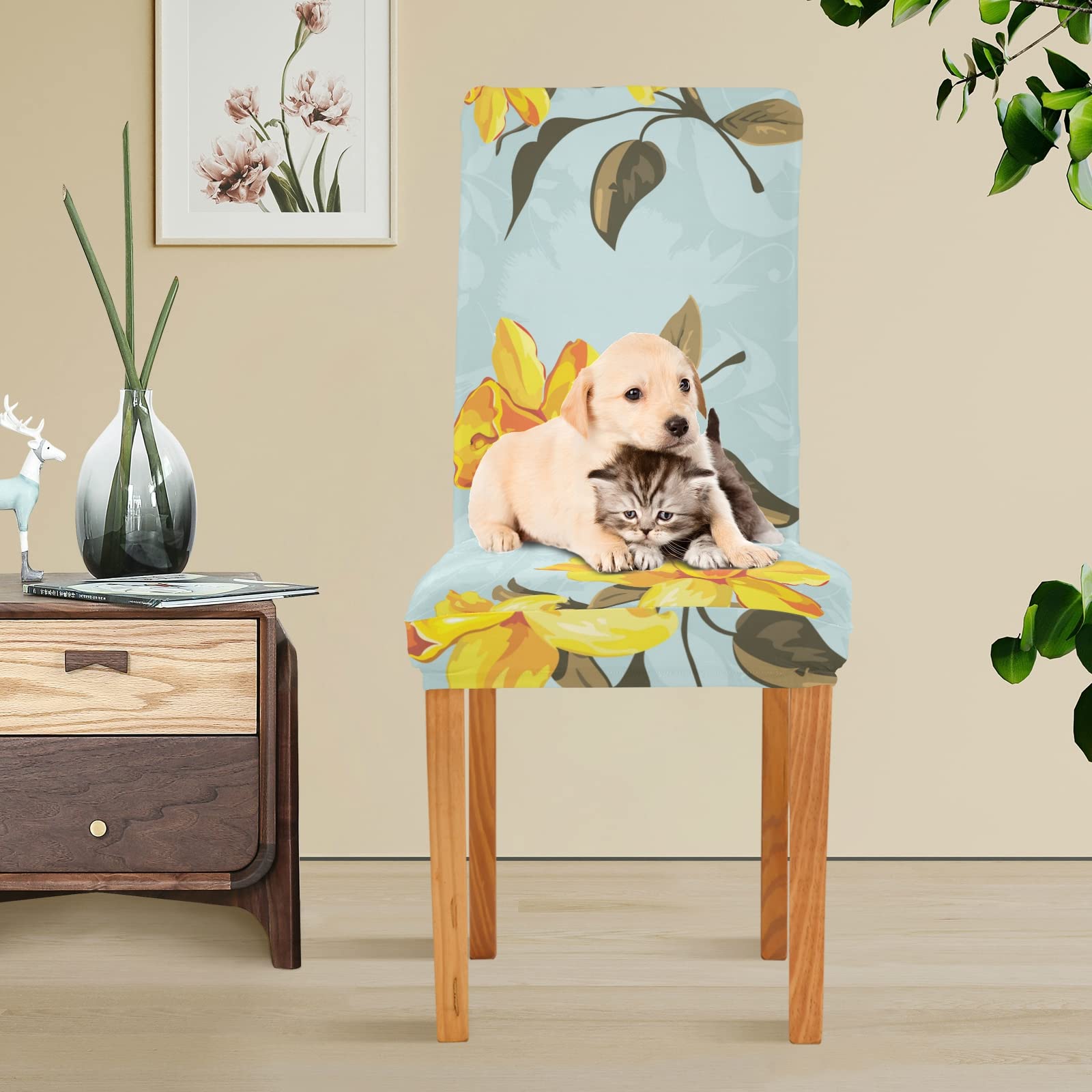 Yellow Floral Dining Chair Covers Set of 2 - Washable & Stretchable Slipcovers for Dining Chairs - Perfect for Home, Restaurant, Wedding & Party Decor