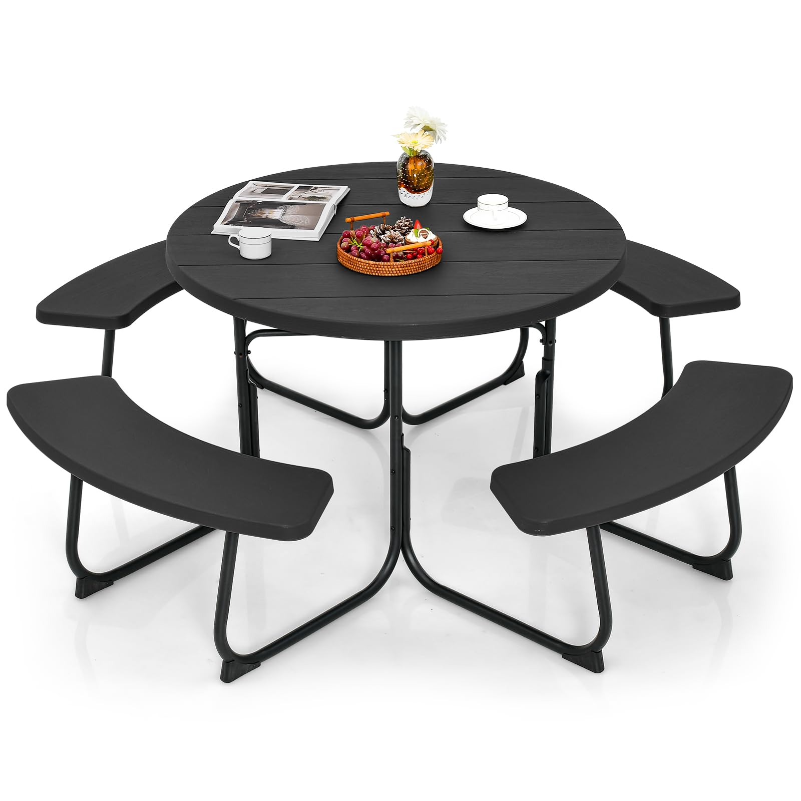 Giantex 8-Person Round Outdoor Picnic Table Set with Umbrella Hole - HDPE Top & Sturdy Metal Frame - 2000LBS Capacity - Perfect for Backyard, Deck, Garden, and Patio (Black) - Ideal for Family Gatherings, BBQs, and Outdoor Dining