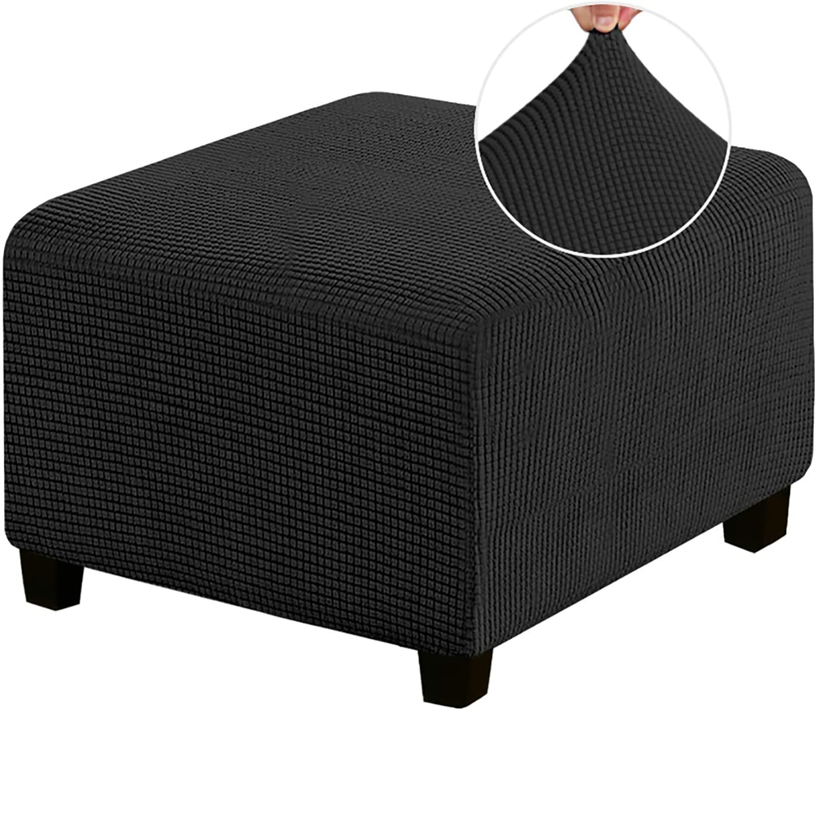 Stretch Ottoman Slipcover - Form Fit Sofa & Furniture Protector - Checked Pattern Footrest Cover - Black - Perfect for Living Room, Bedroom & Home Decor