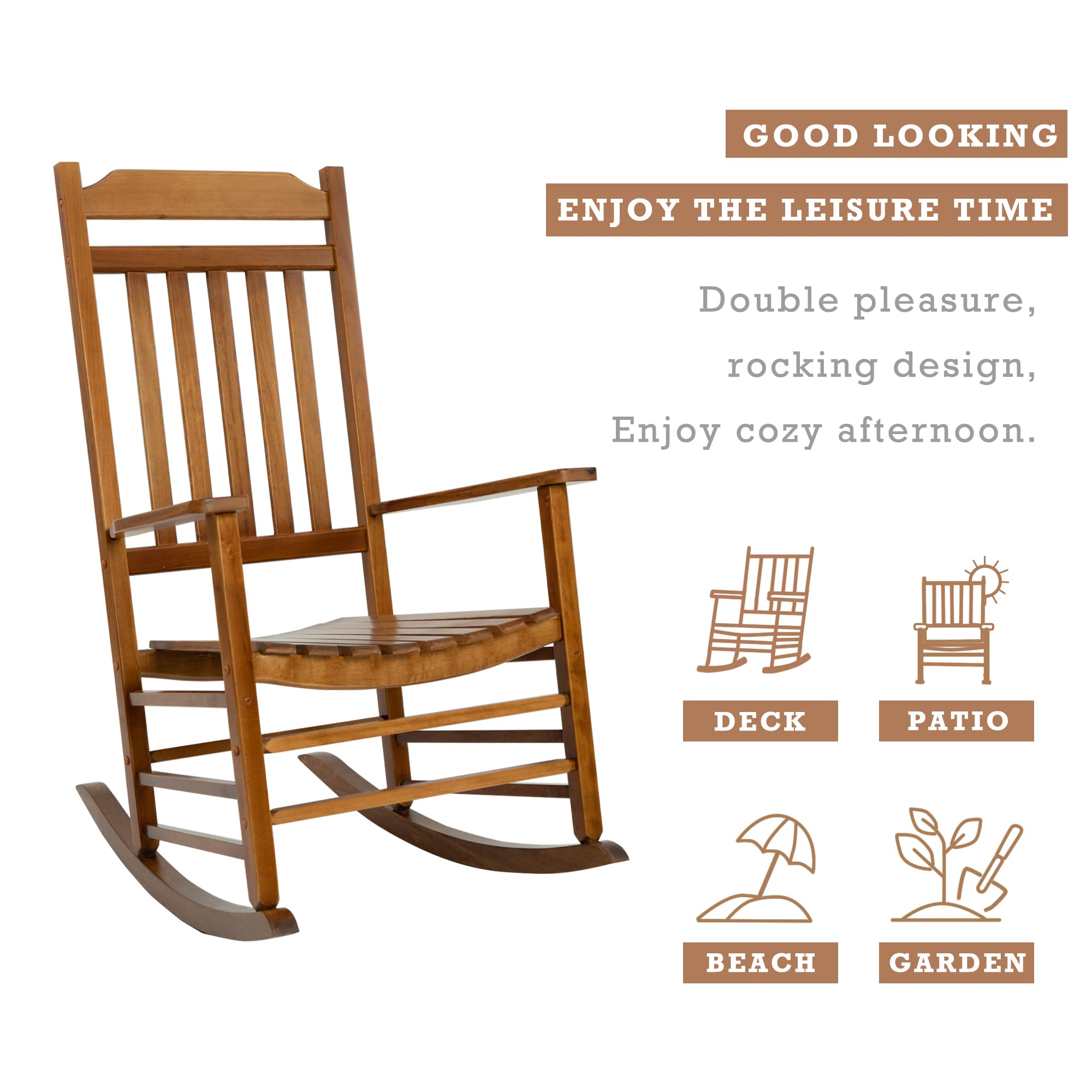 Kozyard Solid Wood High Back Slat Rocking Chair - Outdoor & Indoor Porch Furniture - Comfortable Front Porch Rocking Chair for Patio, Garden, or Living Room (Natural Finish)