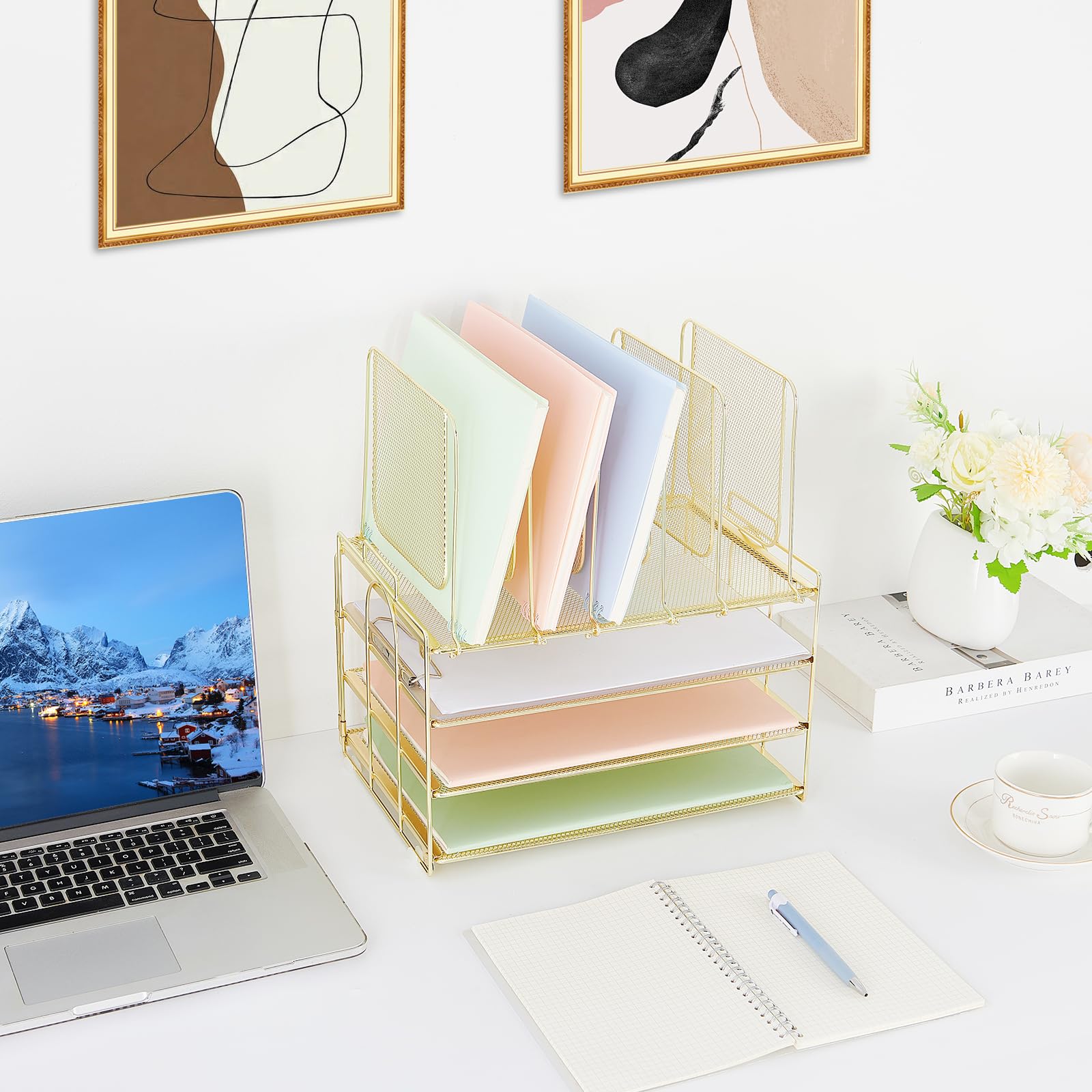AUPSEN 3-Tier Metal Desk Organizer with 5-Section Vertical File Holder - Gold Office Supplies for Home & Workspace - Perfect for Paper Storage, Document Organization & Office Accessories Arrangement