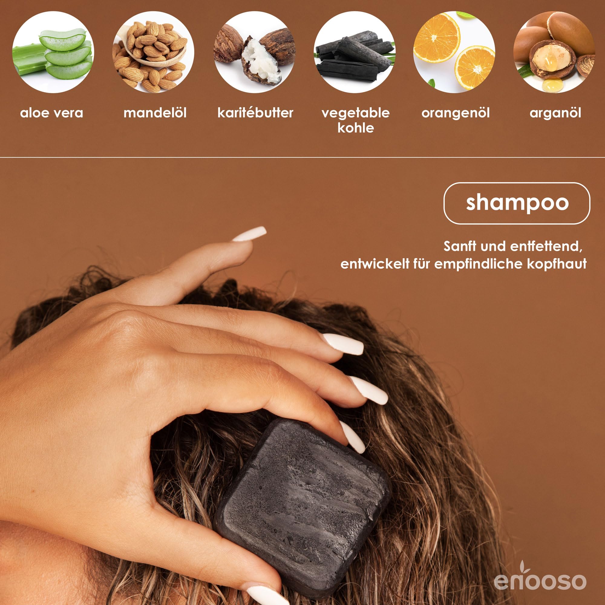 Enooso | Organic Festes Shampoo and Conditioner Set - Charcoal & Orange Soap-Free Solid Shampoo Bar with Hemp Keratin, Coconut Oil, Lemongrass - 100% Vegan & Plastic-Free - 120g - Perfect for Travel, Gym & Eco-Friendly Hair Care