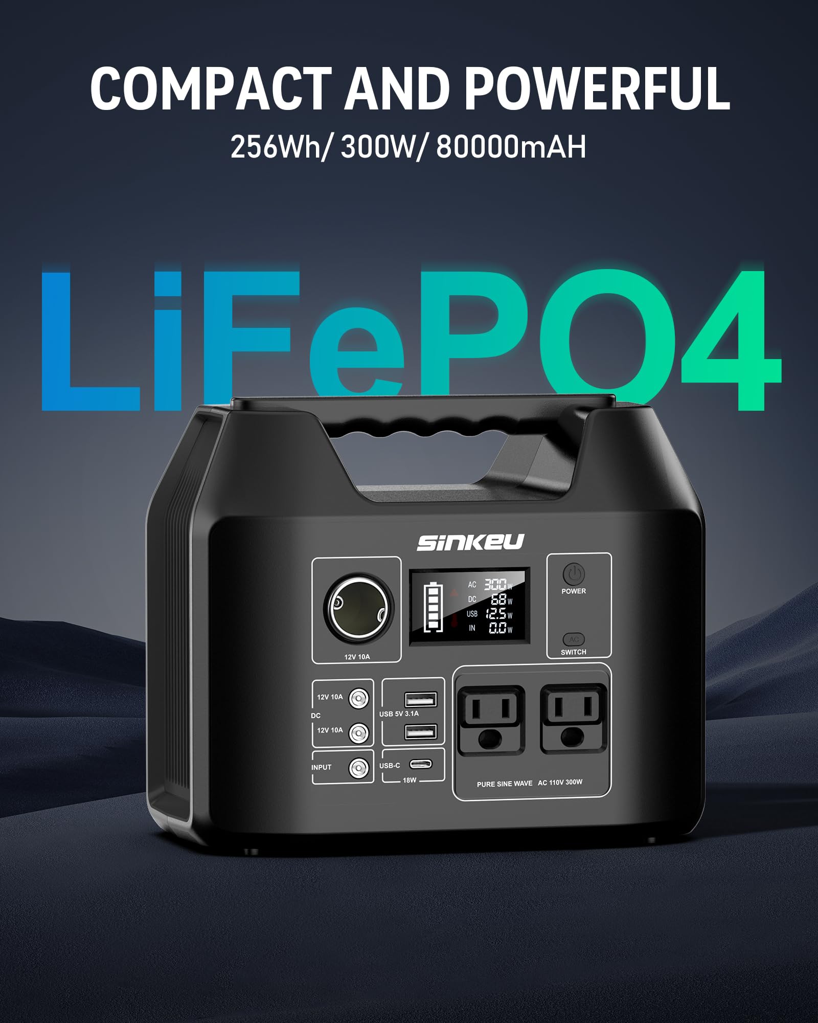 SinKeu 80000mAh Portable Power Station - 256Wh LiFePO4 Battery with 110V AC/DC 65W Output, 15W USB-A & 18W USB-C PD - Solar Generator for Camping, RV Travel, Emergency Backup & Outdoor Adventures - Perfect for Powering Devices During Blackouts or Off-Grid Living