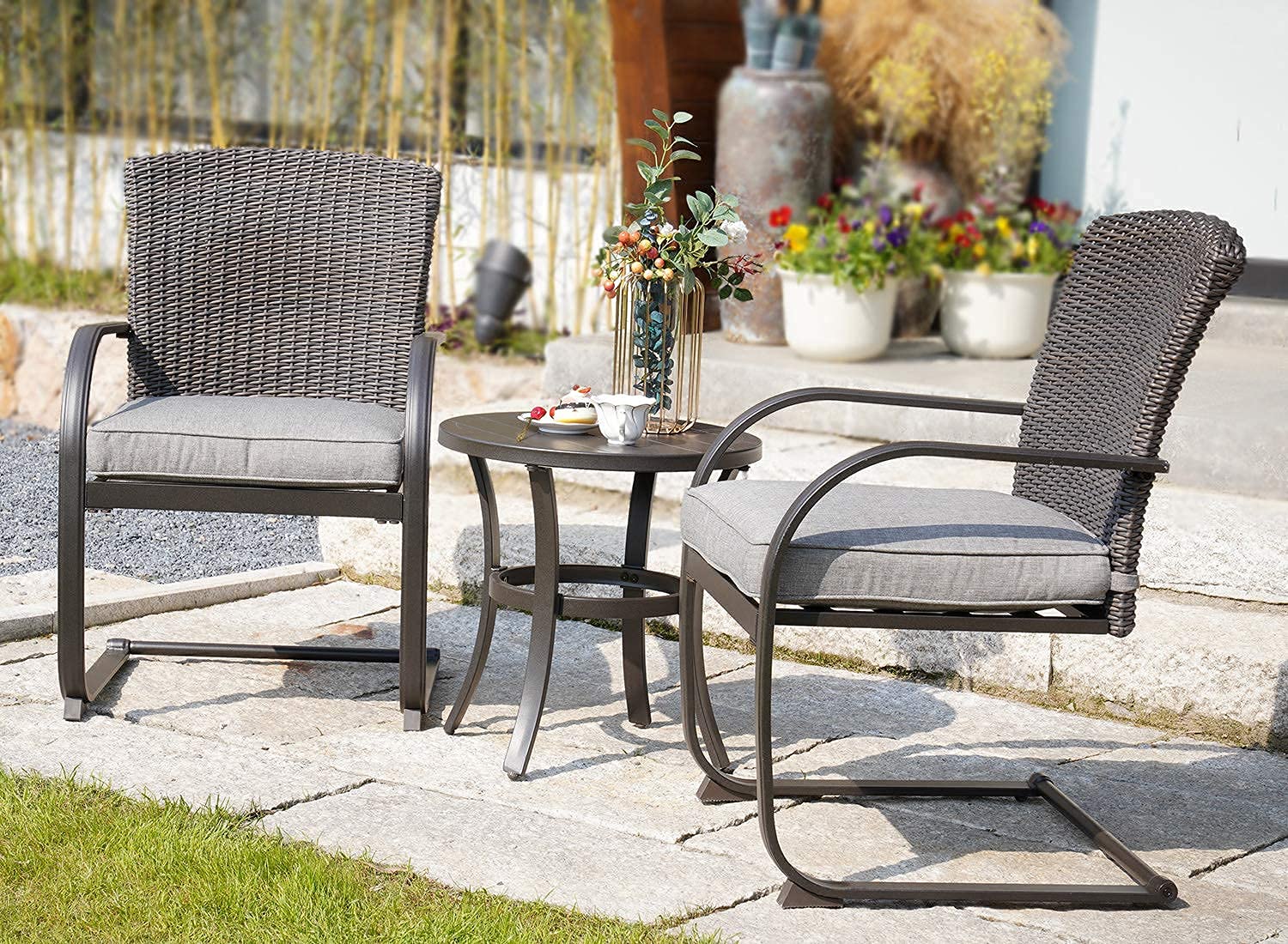 3-Piece Outdoor Bistro Set with Rocking Wicker Chairs & Coffee Table - Patio Furniture for Balcony, Porch, Garden - Includes Removable Cushions & Weather-Resistant Grey Wicker (Perfect for Relaxing, Entertaining & Small Outdoor Spaces)