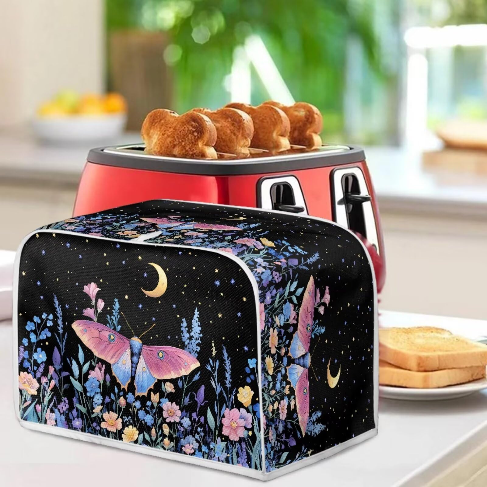 Xoenoiee Butterfly Floral Moon Toaster Cover - Dust Proof 4 Slice Toaster Oven Cover for Kitchen, Small Appliance Accessories, Perfect for Home, Office, and Dorm Use