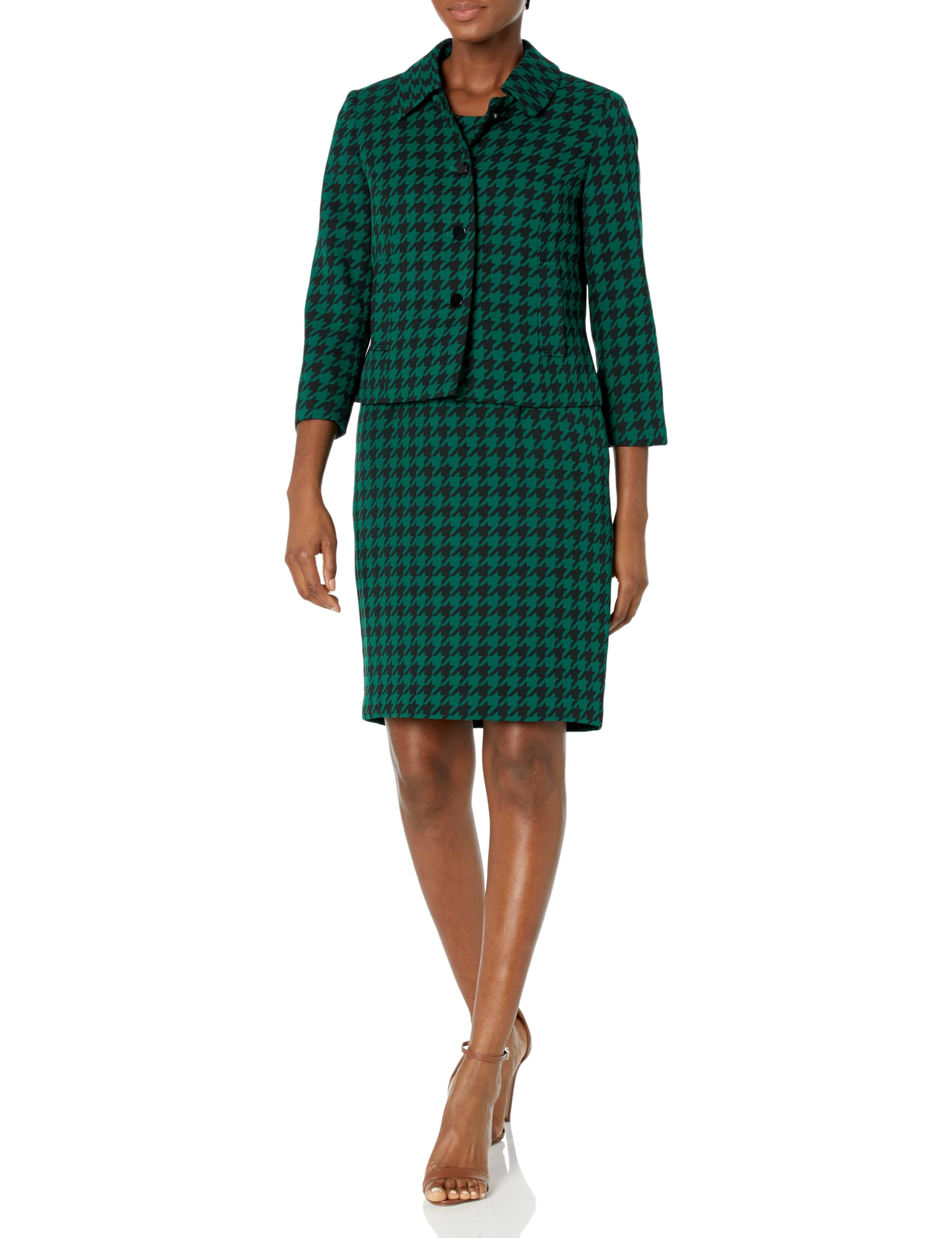 Women's Stylish 3-Button Peter Pan Collar Houndstooth Blazer & Sheath Dress Suit Set - Elegant Office Wear & Cocktail Party Outfit