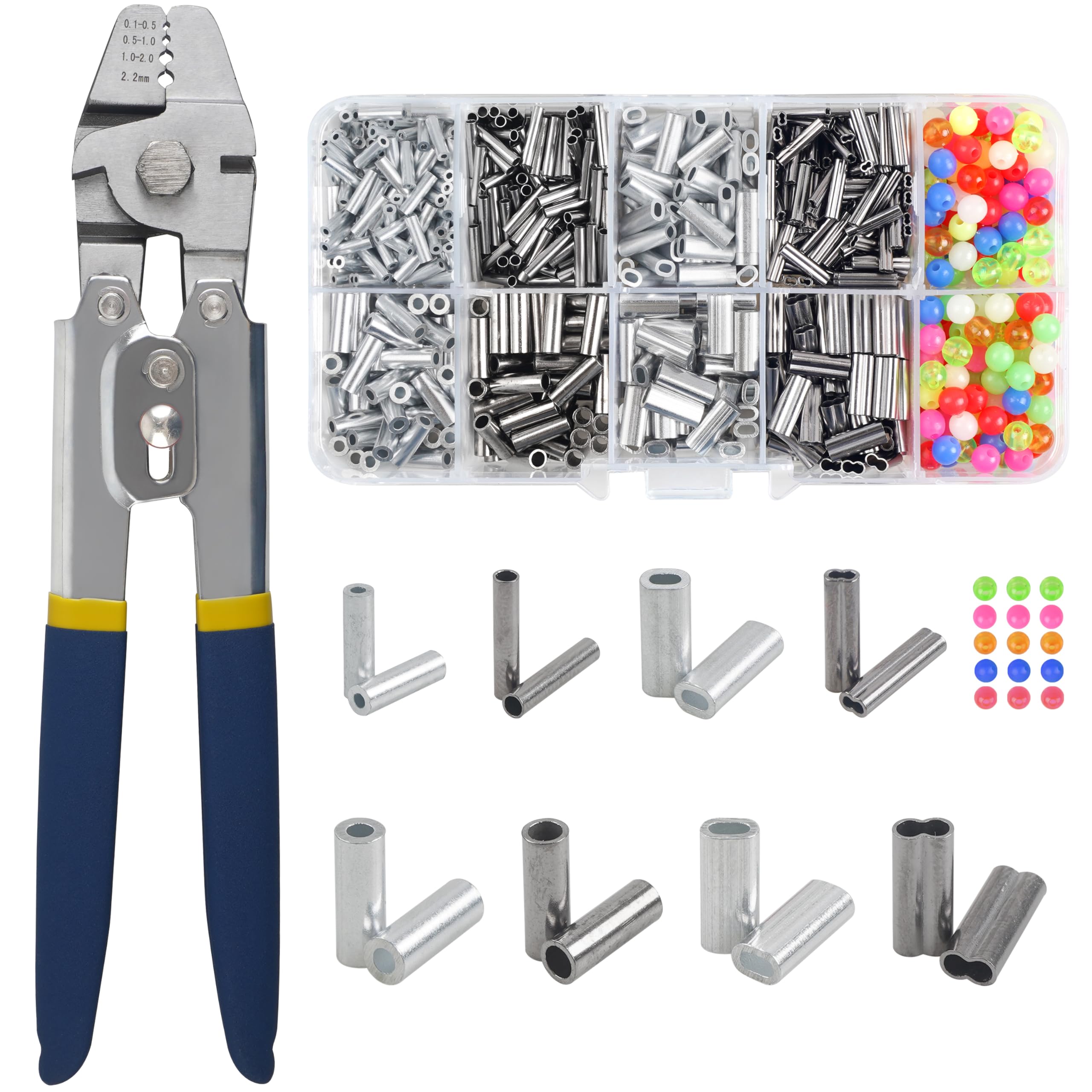 Premium Stainless Steel Fishing Crimping Tool Kit with 590pcs Crimp Sleeves & Beads - 8 Sizes for Wire Rope & Cable Repair | Perfect for Marine, DIY Jewelry Making, and Outdoor Fishing Gear Maintenance