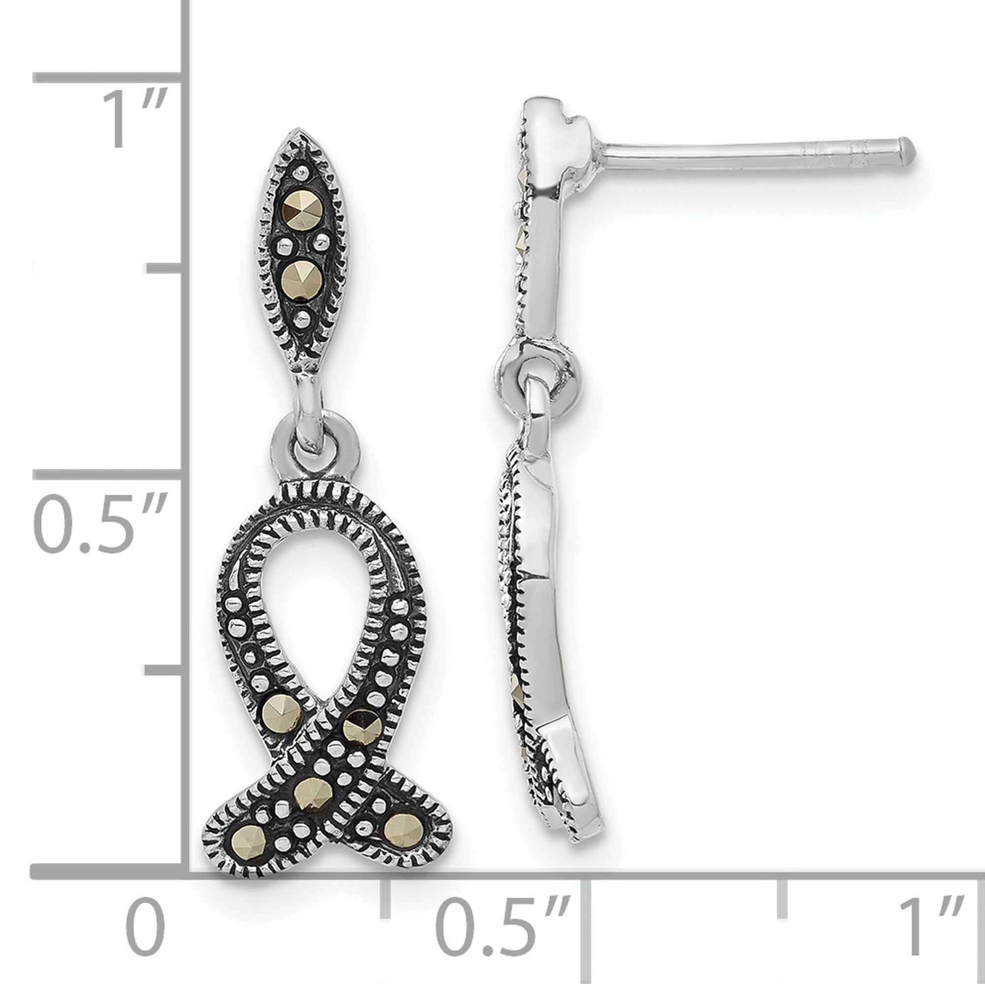 925 Sterling Silver Marcasite Ichthus Fish Stud Earrings - 24.4x8.2mm Elegant Religious Jewelry for Church, Wedding & Everyday Wear