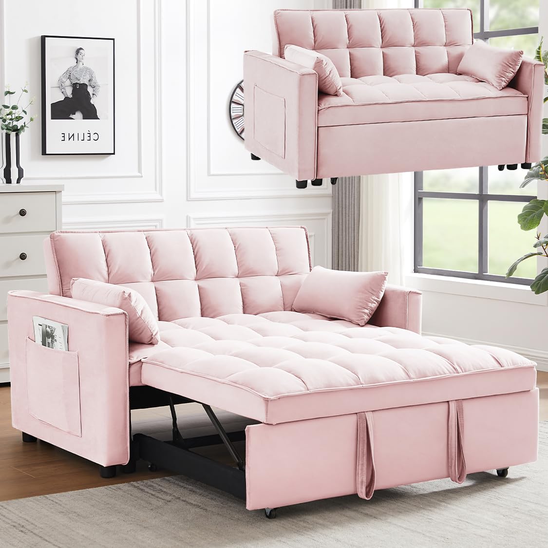 3 in 1 Convertible Velvet Loveseat Futon Couch Bed for Small Spaces - Pull Out Sofa Bed with Adjustable Backrest & Lumbar Pillows, Pink Velvet Upholstery | Perfect for Studio Apartments, Guest Rooms & Cozy Living Spaces