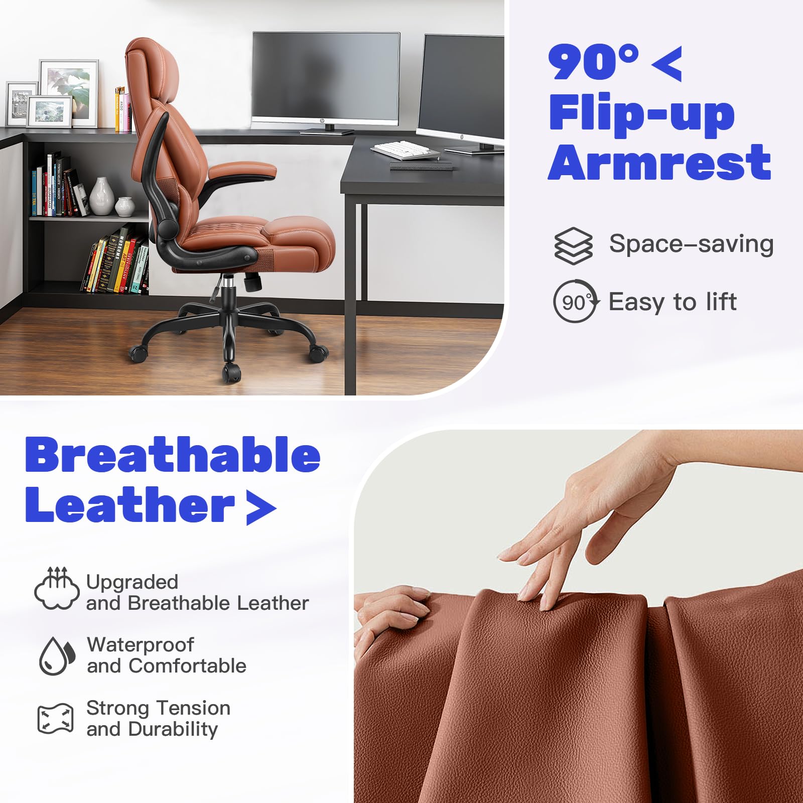 Premium Ergonomic High Back Executive Office Chair - Adjustable Lumbar Support & Flip-Up Armrests - Leather Managerial Desk Chair with Rocking Function for Home & Business Use