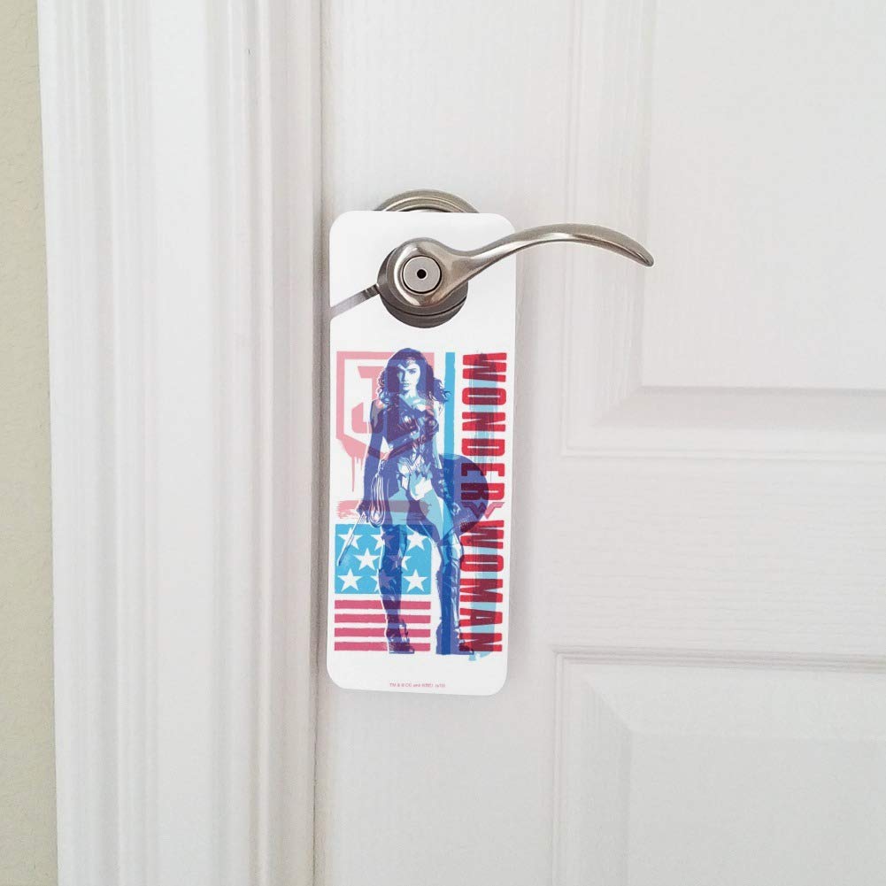 Justice League Movie Wonder Woman USA Flag Plastic Door Knob Hanger Sign - Superhero Home Decor for Bedroom, Office & Comic Book Fan Gifts