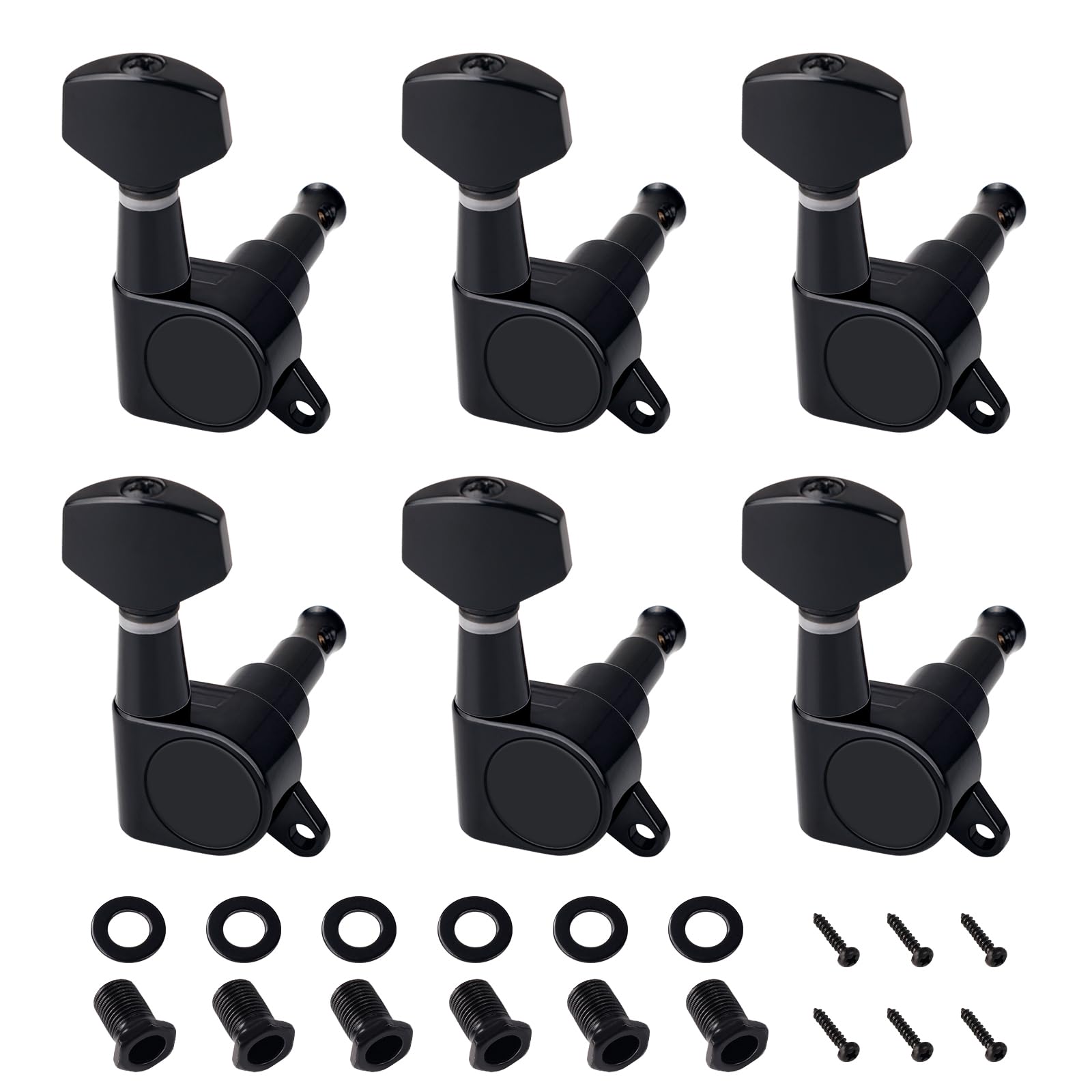 Banworks 6-In-Line Guitar Tuning Pegs 15:1 Ratio - Sealed Machine Heads with 45° Fixing Tag for Strat & Tele Electric Guitars (6-Pack, Black) | Perfect for Guitar Maintenance, String Replacement & Professional Tuning