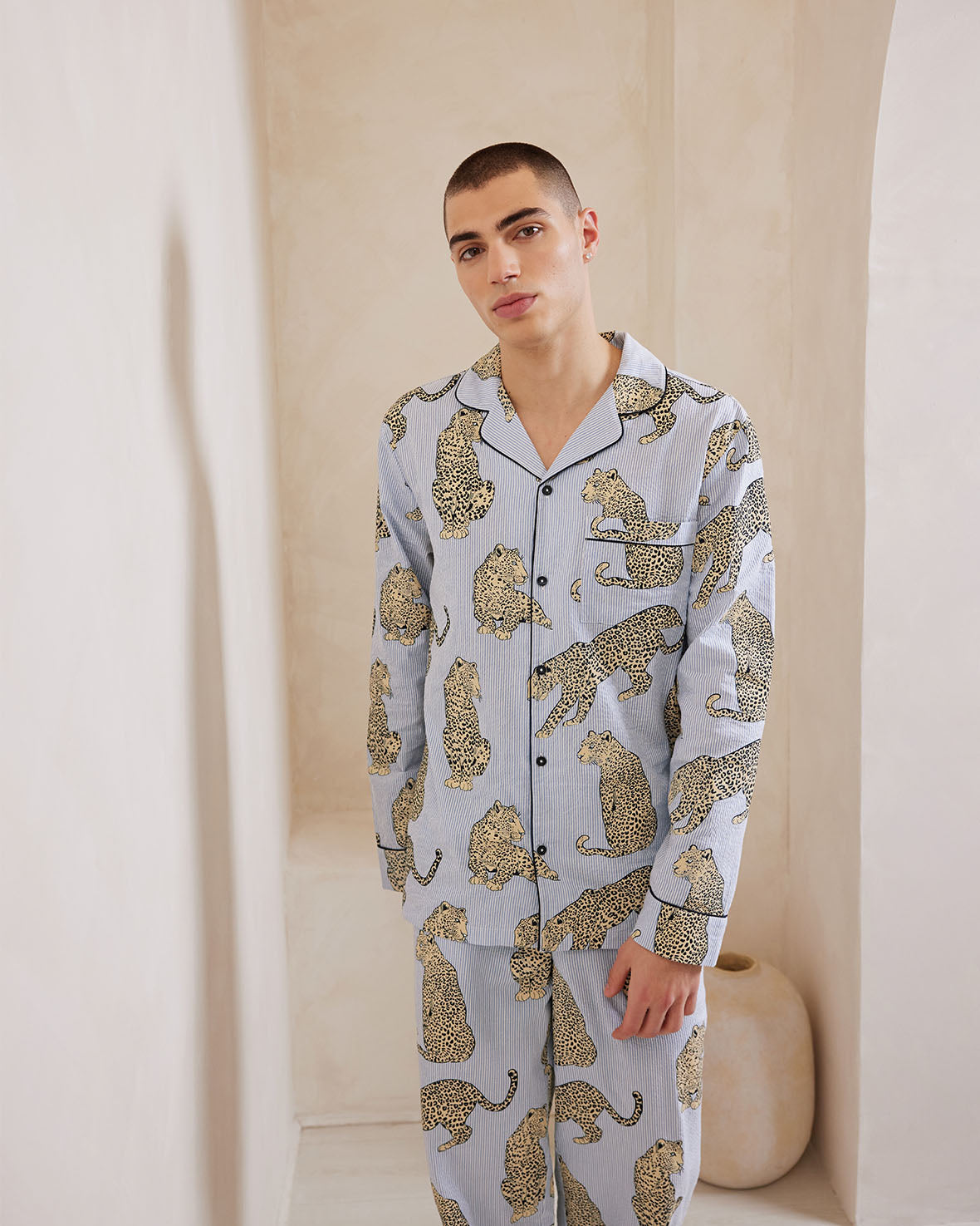 Seersucker Cotton Leopard Stripe Print Long Pajama Set for Women - Soft & Breathable Sleepwear for Summer Nights, Loungewear, and Vacation Comfort
