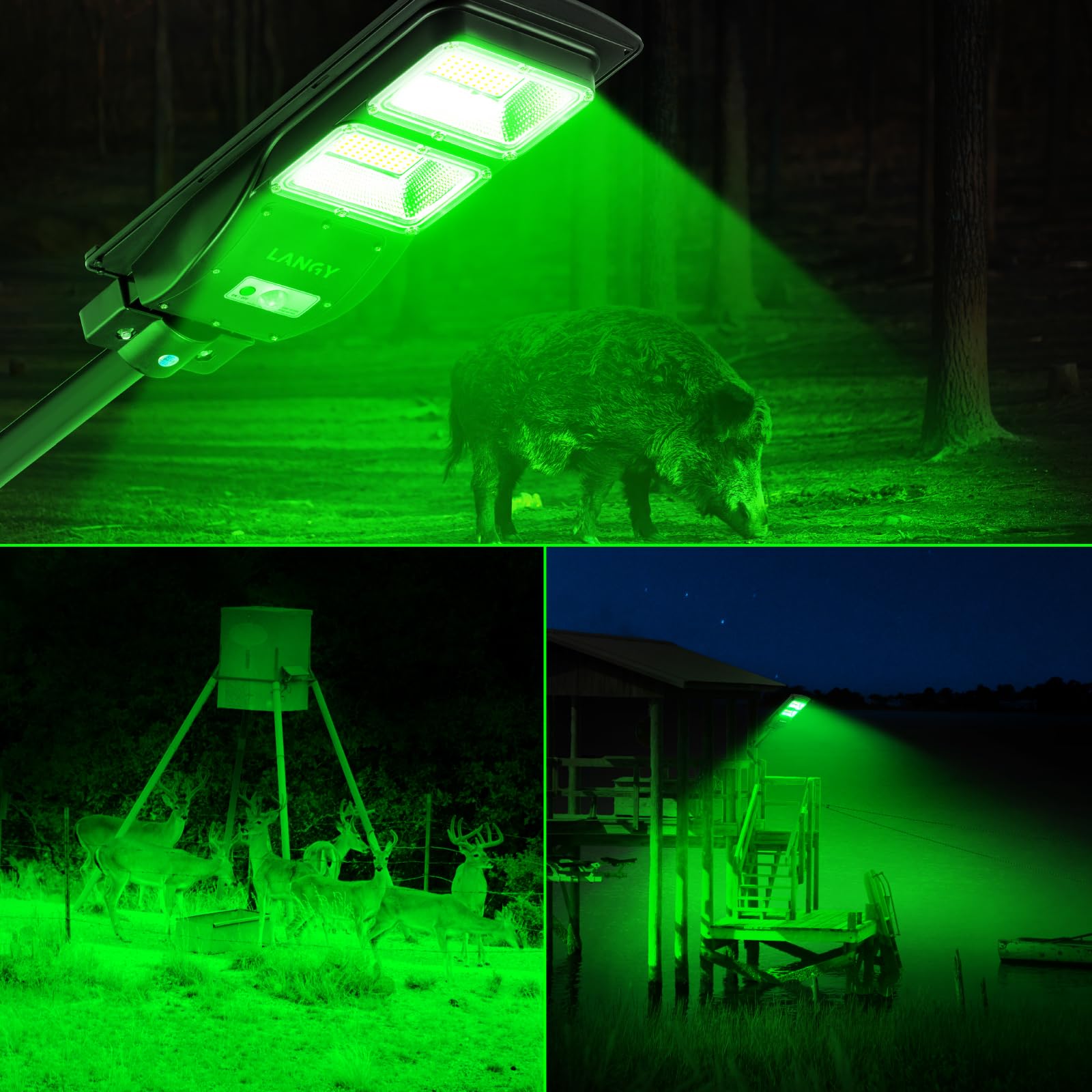 **LANGY 12000LM Solar-Powered Green Hunting Light - Motion Activated Hog & Deer Light with Remote & 19