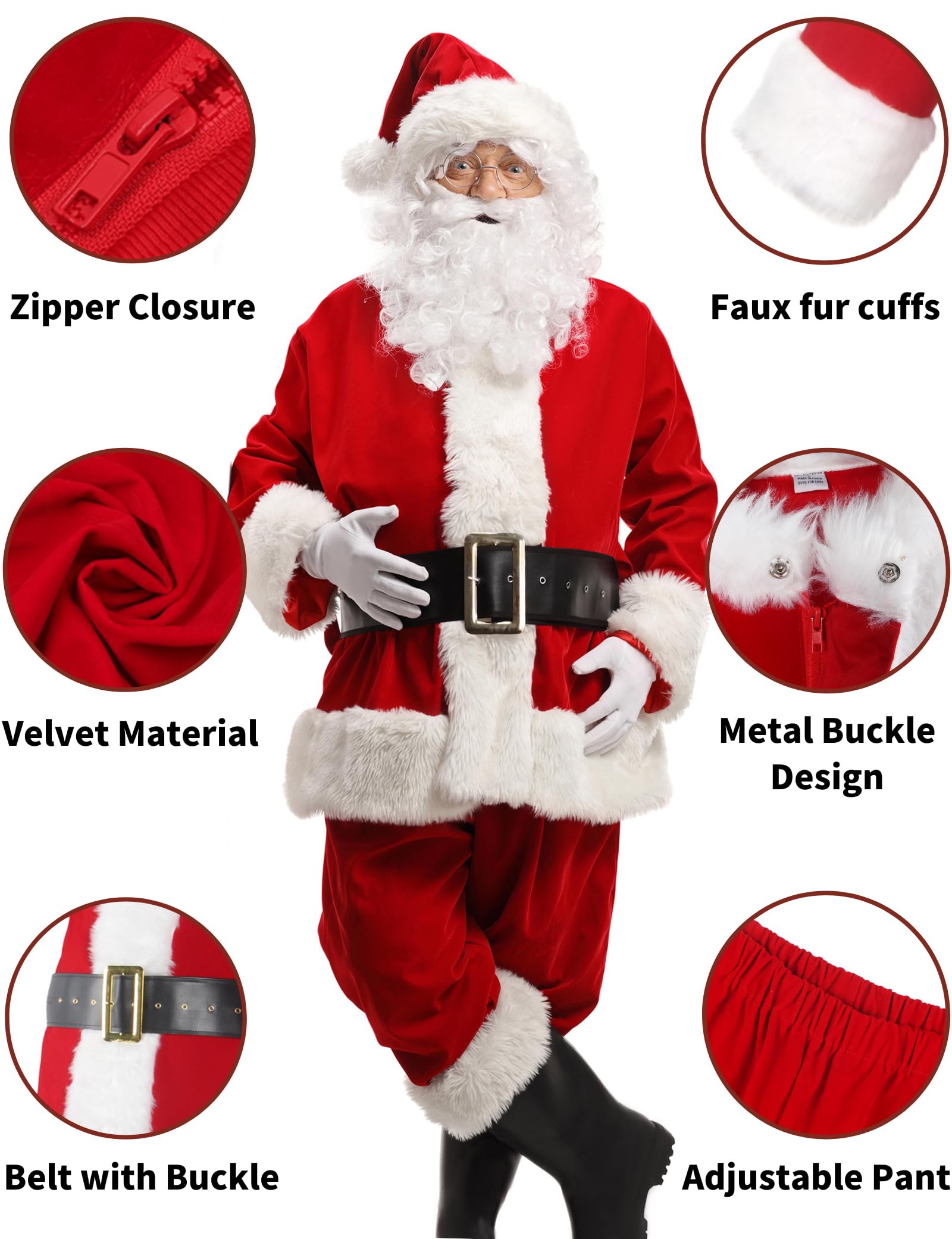 Potalay Men's Deluxe Santa Suit 11-Piece Set - Red Velvet Adult Santa Claus Costume with Hat, Belt & Boot Covers for Christmas Parties & Holiday Events