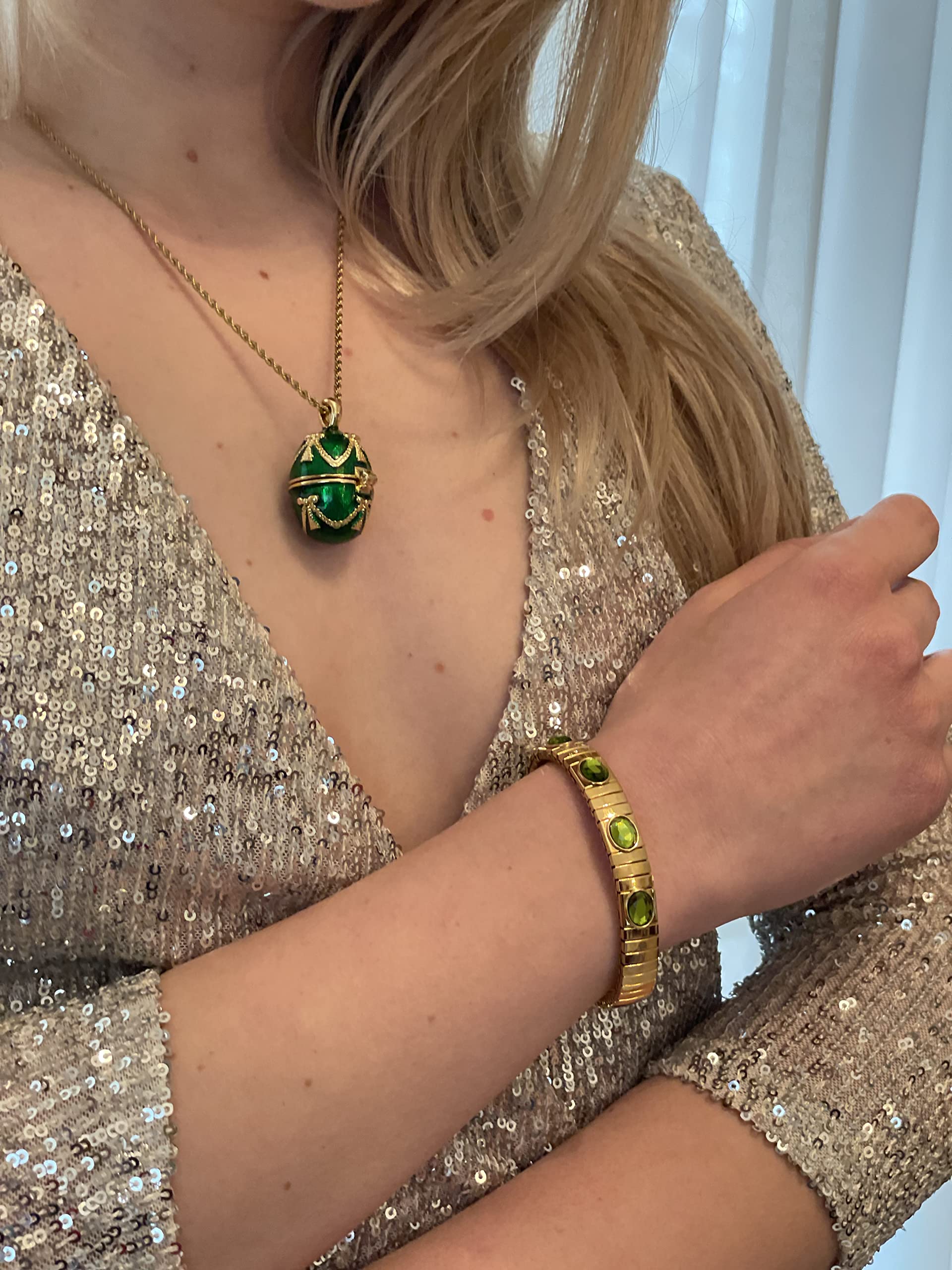 Handmade 24K Gold Emerald Green Faberge Egg Pendant Necklace & Bracelet Set - 1.5