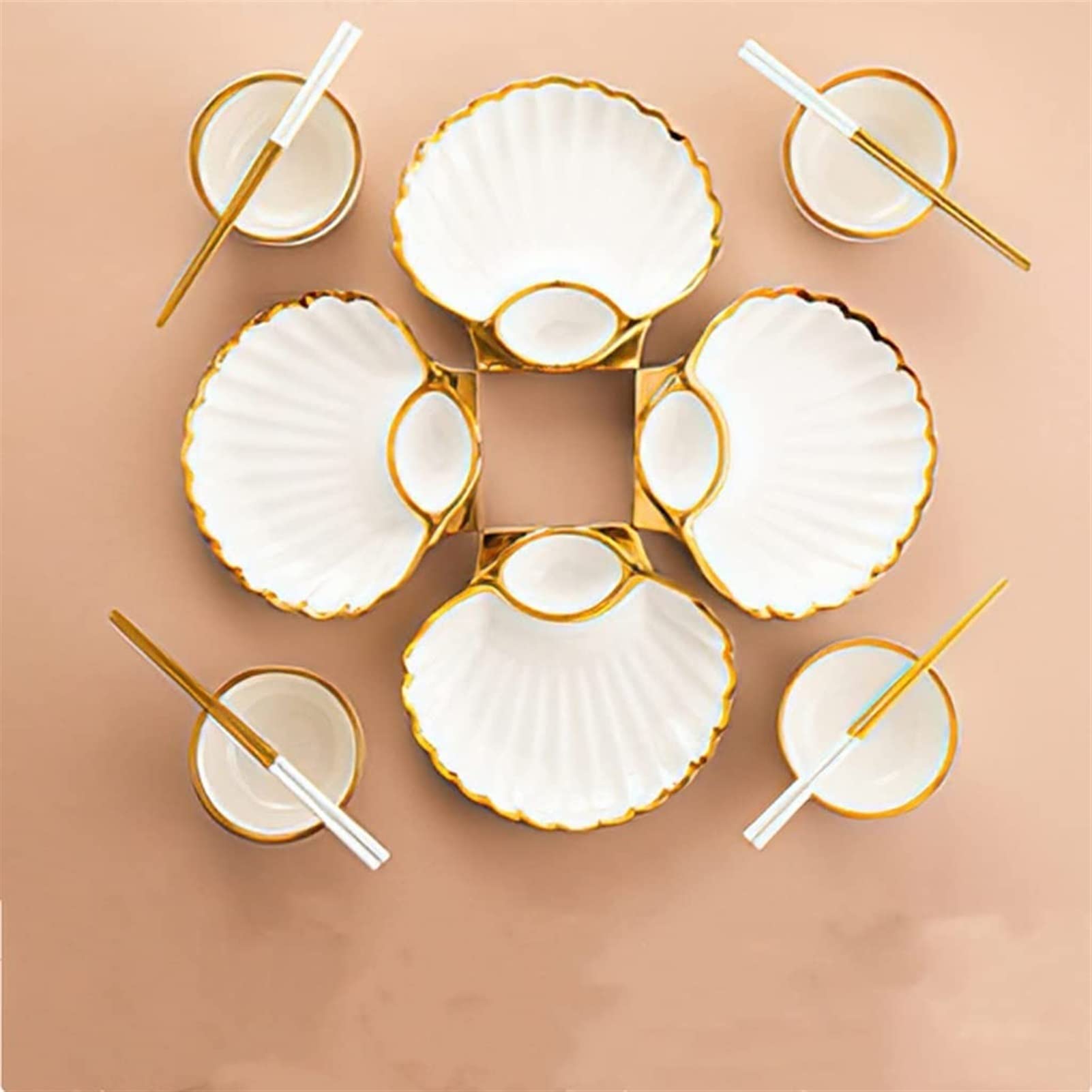 Eco-Friendly Gold Rim Ceramic Dinner Plate Set - 10.5 Inch Shell Design for Breakfast, Snacks, Dumplings, Salad, Noodles & Soup - Includes Chopsticks - Perfect for Home Dining, Restaurants & Parties (White)
