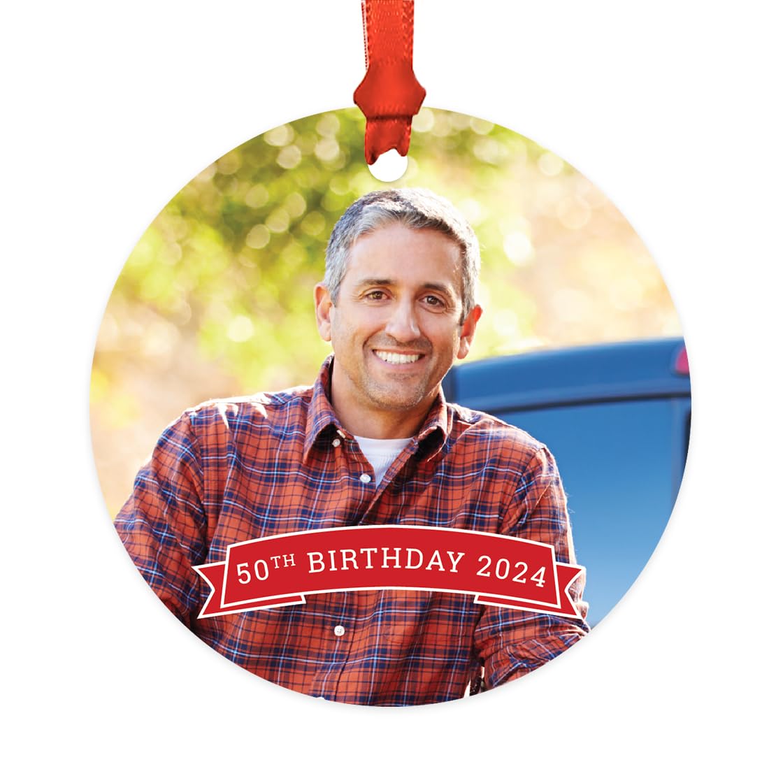 Personalized Christmas Ornament with Red Banner - Custom Photo Keepsake for 50th Birthday 2024 - 1-Pack Includes Ribbon & Gift Bag - Perfect for Holiday Decorations, Family Gifts & Christmas Tree Ornaments