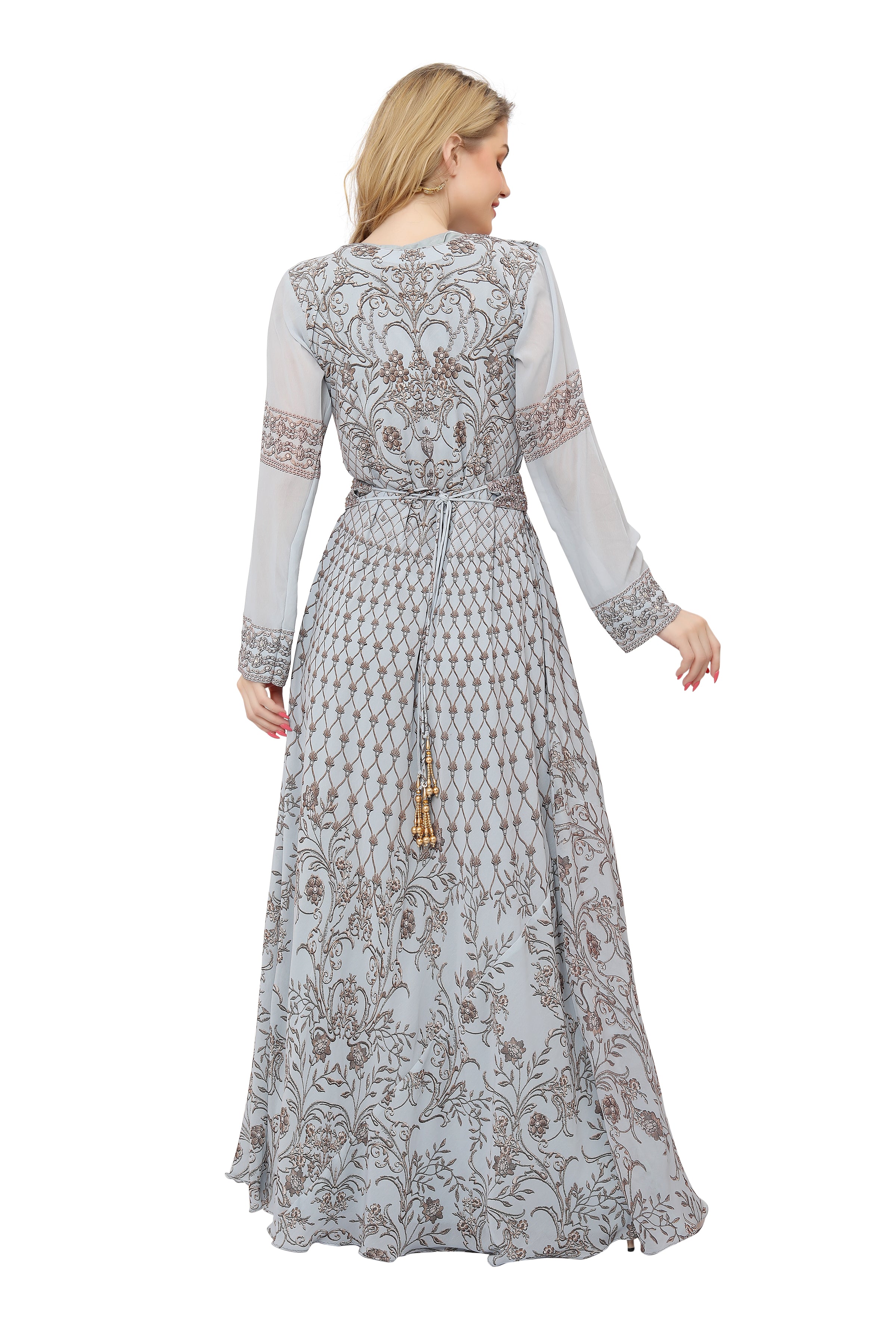 Elegant Grey Digital Print Kaftan Henna Party Dress with Crystal Embellishments - Perfect for Bridal Showers, Boho Weddings & Special Occasions