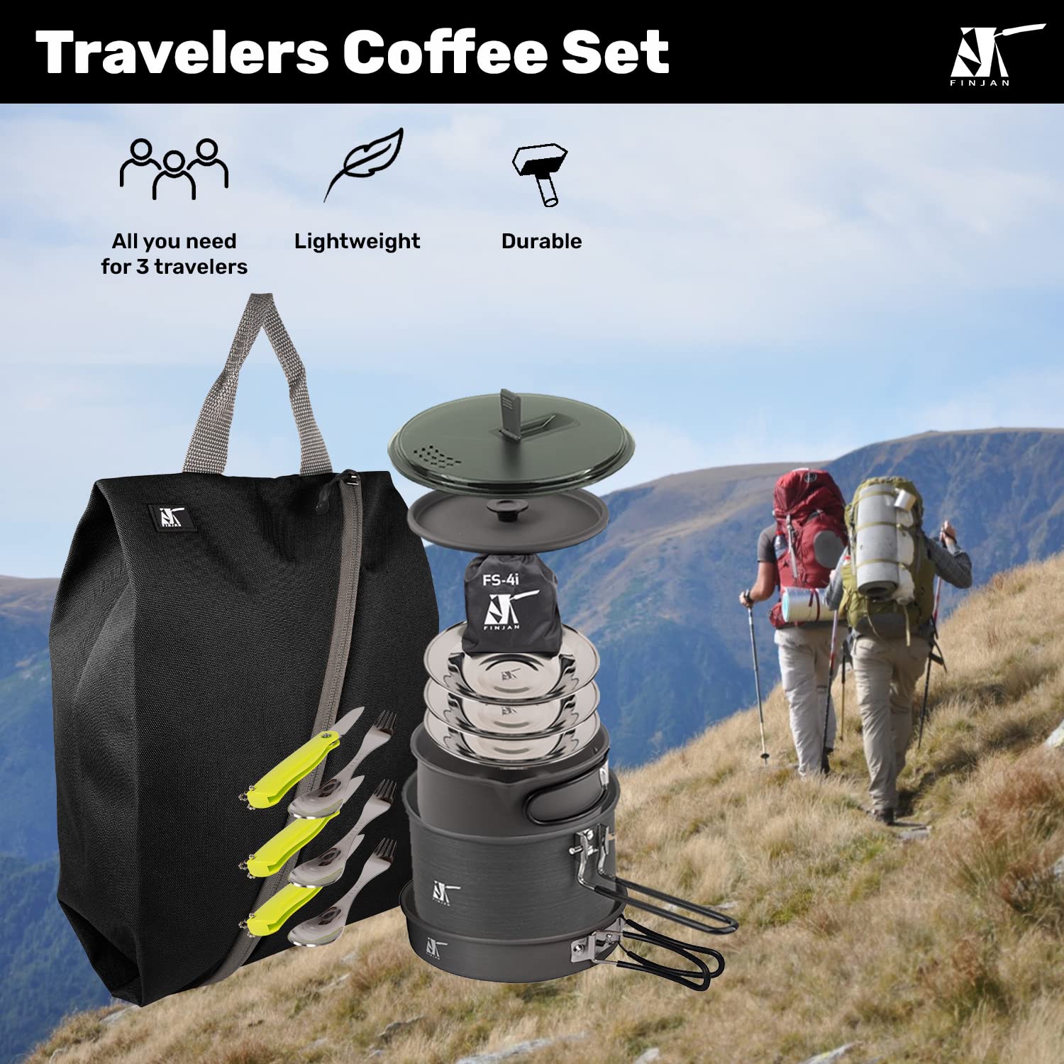 **FINJAN 3-Person Camping Cooking Set - Portable Backpacking Cookware Kit with Stove, Pots, Pan, Knife & Plates | Compact Foldable Design for Hiking, Travel & Outdoor Adventures**    (Note: The original title was already in English, so no translation was needed. I optimized it for SEO by including key search terms like 