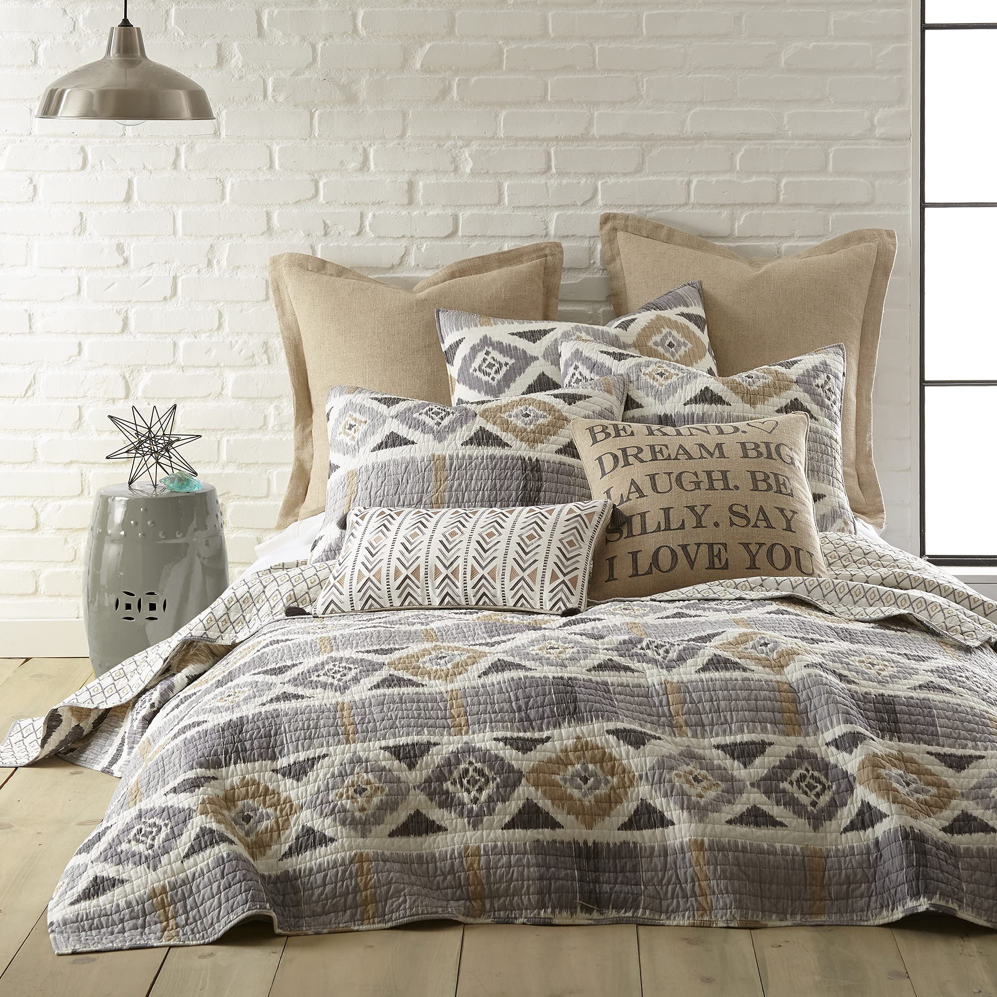 Levtex Home Santa Fe Twin/Twin XL Quilt - Reversible Cotton Ikat Pattern Bedspread in Soft Grey, Cream & Tan - 68x86 Inches - Perfect for Kids' Rooms, Guest Bedrooms & Cozy Dorm Decor