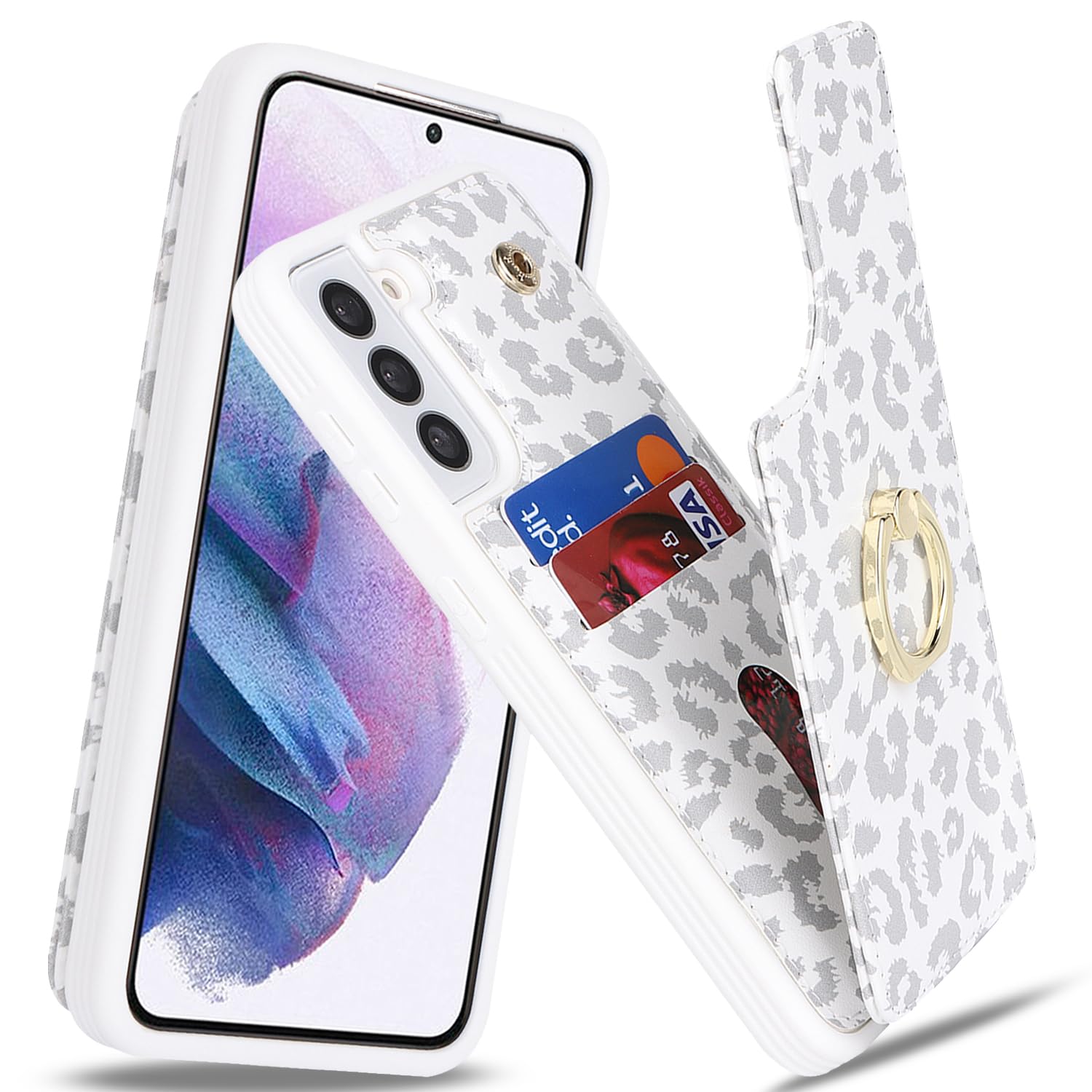 Samsung Galaxy S21 5G Wallet Case with Card Holder & Ring Stand - Cute White Leopard Design for Women (6.2