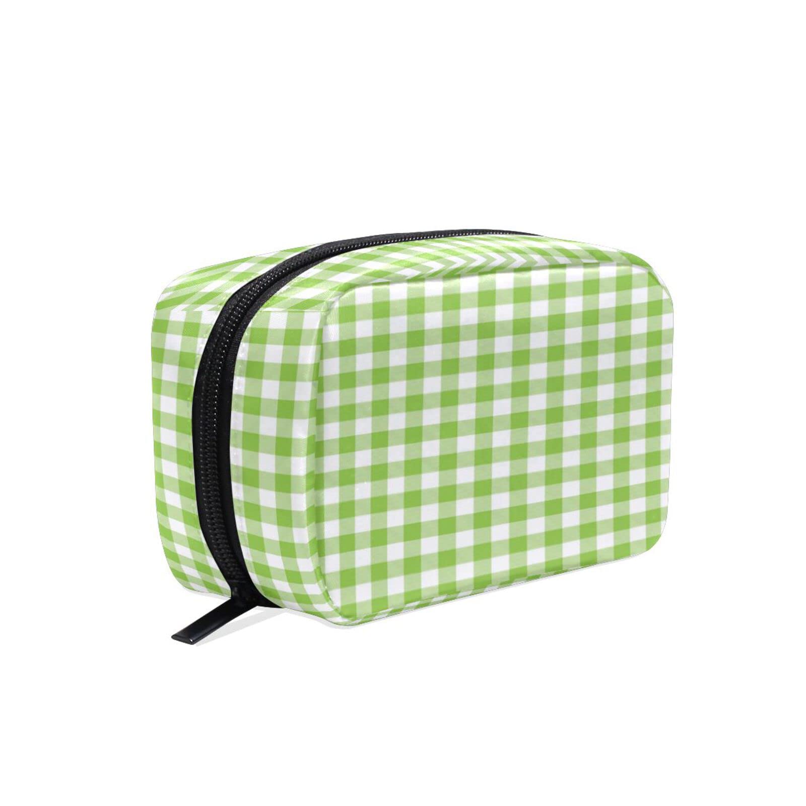 Stylish Green Checked Plaid Travel Makeup Bag for Women - Reusable Small Toiletry Organizer Pouch, Portable Cosmetic Case for Purse - Perfect Gift for Girls & Travel Essentials (Ideal for Air Travel, Gym, Beach & Daily Use)