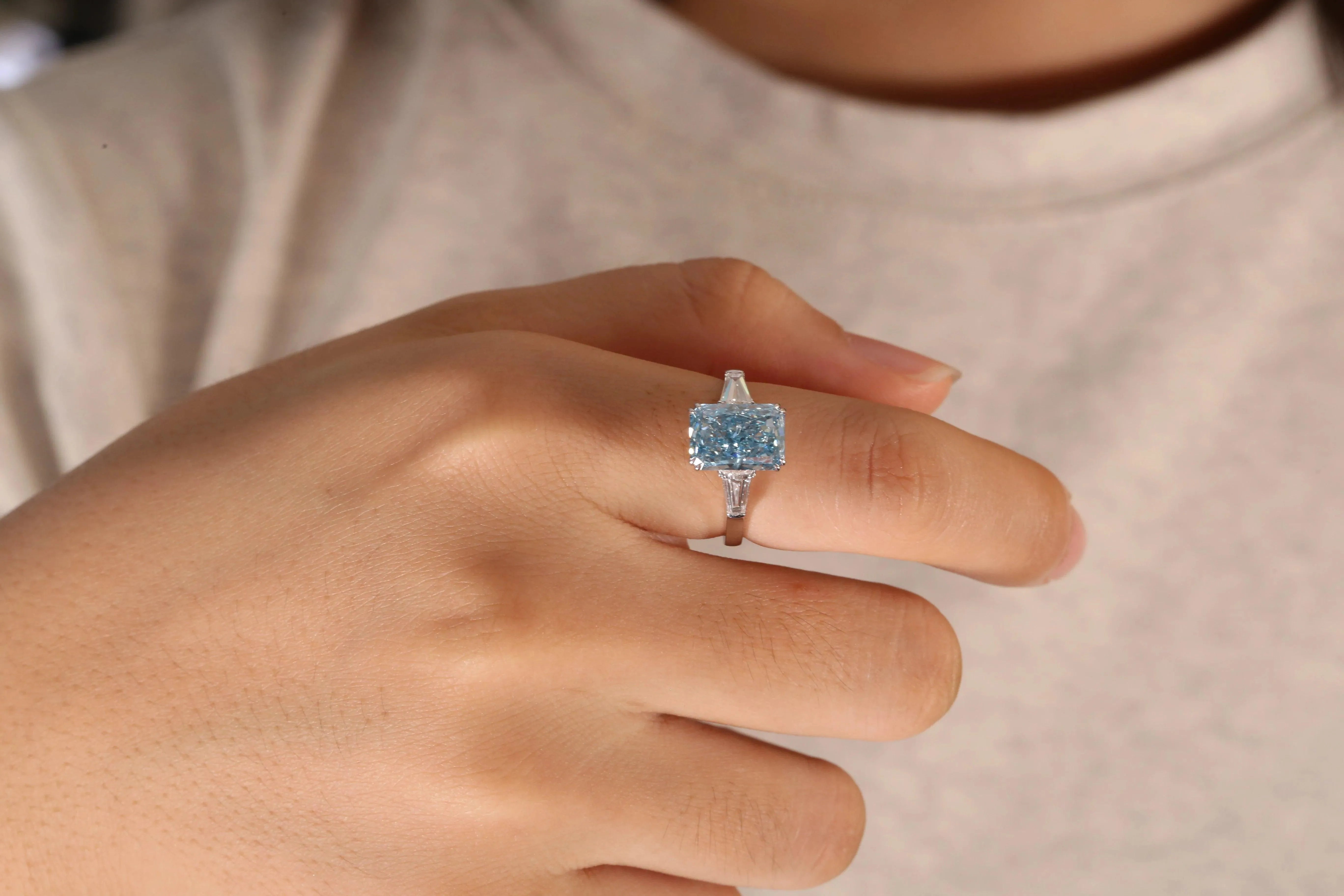 IGI Certified 3.42CT Fancy Intense Greenish Blue CVD Lab Grown Diamond Ring in 14k Gold for Women | Radiant Cut Engagement & Wedding Jewelry