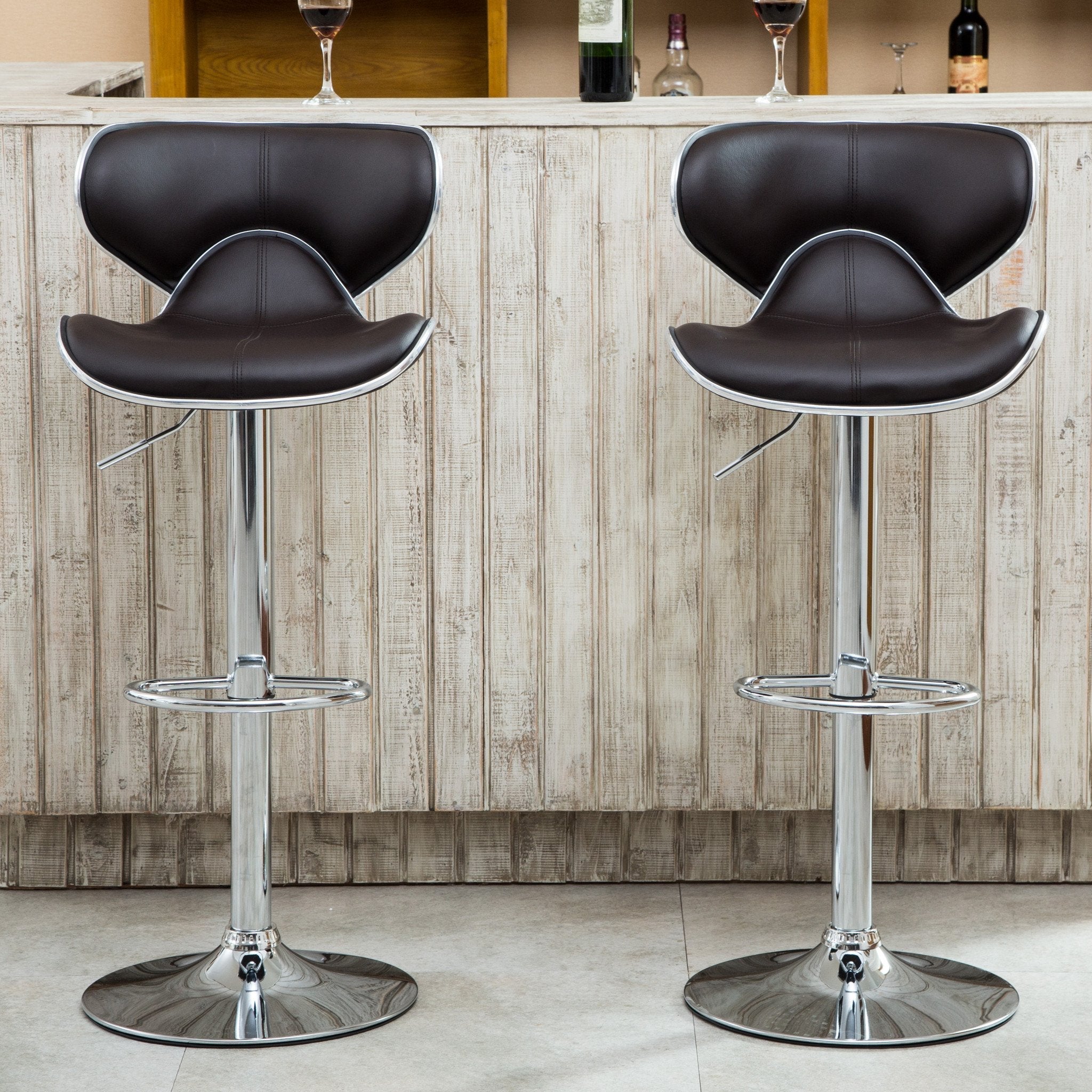 Roundhill Furniture Masaccio 2-Pack Brown Leatherette Bar Stools with Adjustable Height, Swivel & Chrome Base - Perfect for Kitchen Islands, Home Bars & Counter Seating