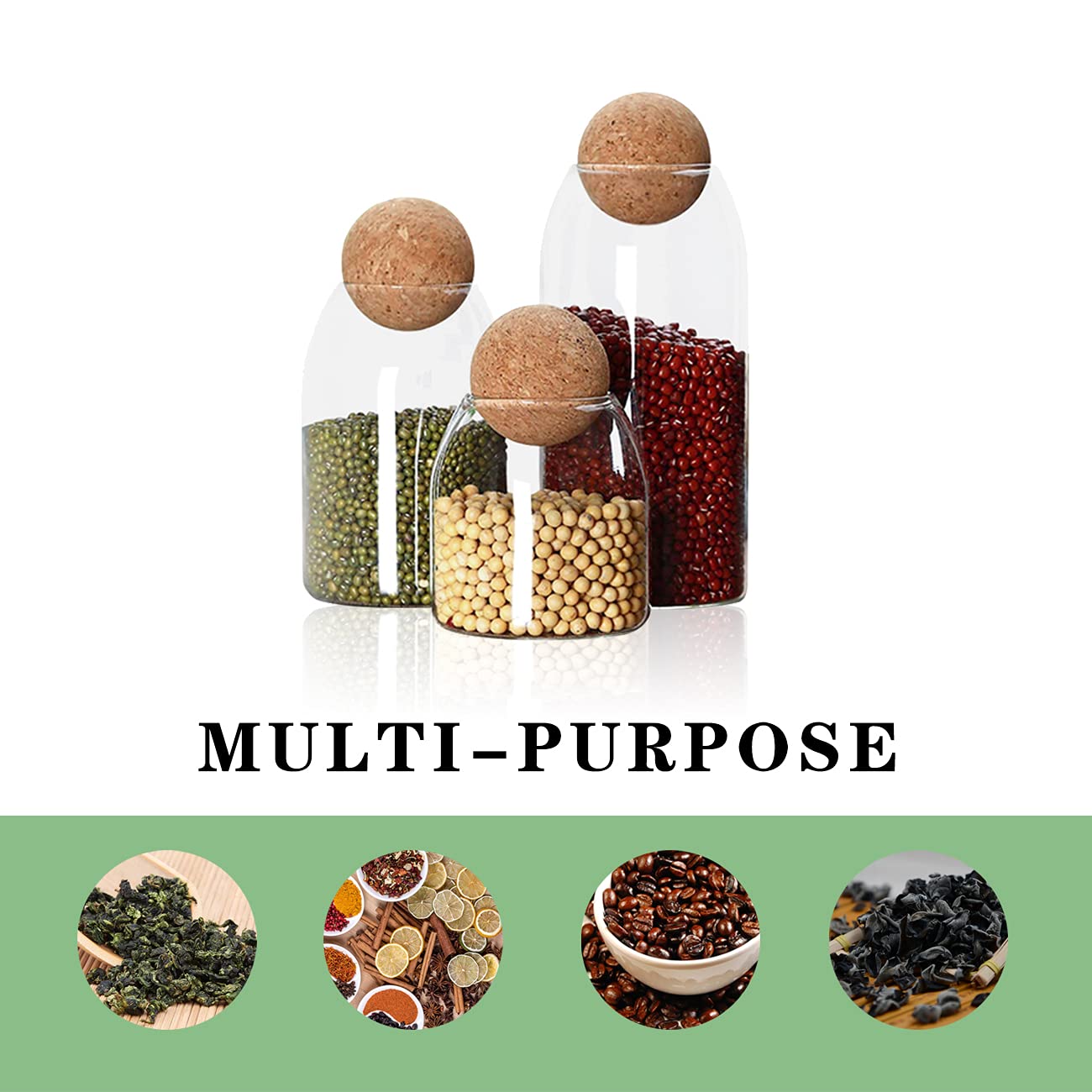 3-Piece Glass Jars with Cork Ball Lids - Airtight Clear Kitchen Storage Containers for Coffee, Spices, Sugar, Rice, Candy | Perfect for Pantry Organization, Home Decor & Gift Giving