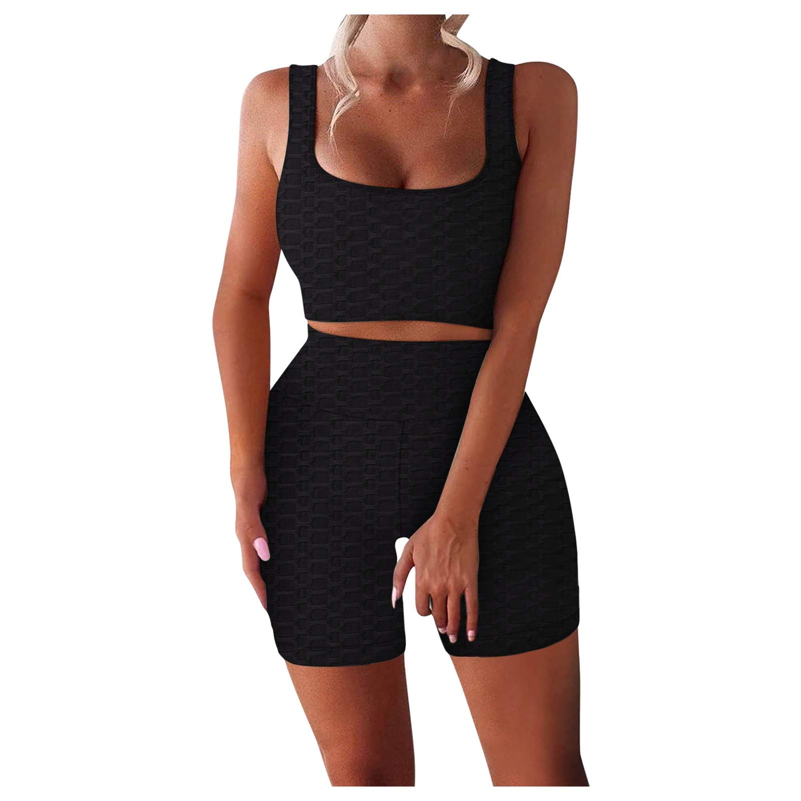 Petite Women's Workout Sets - U-Shaped Tank & High Waist Shorts for Yoga & Fitness