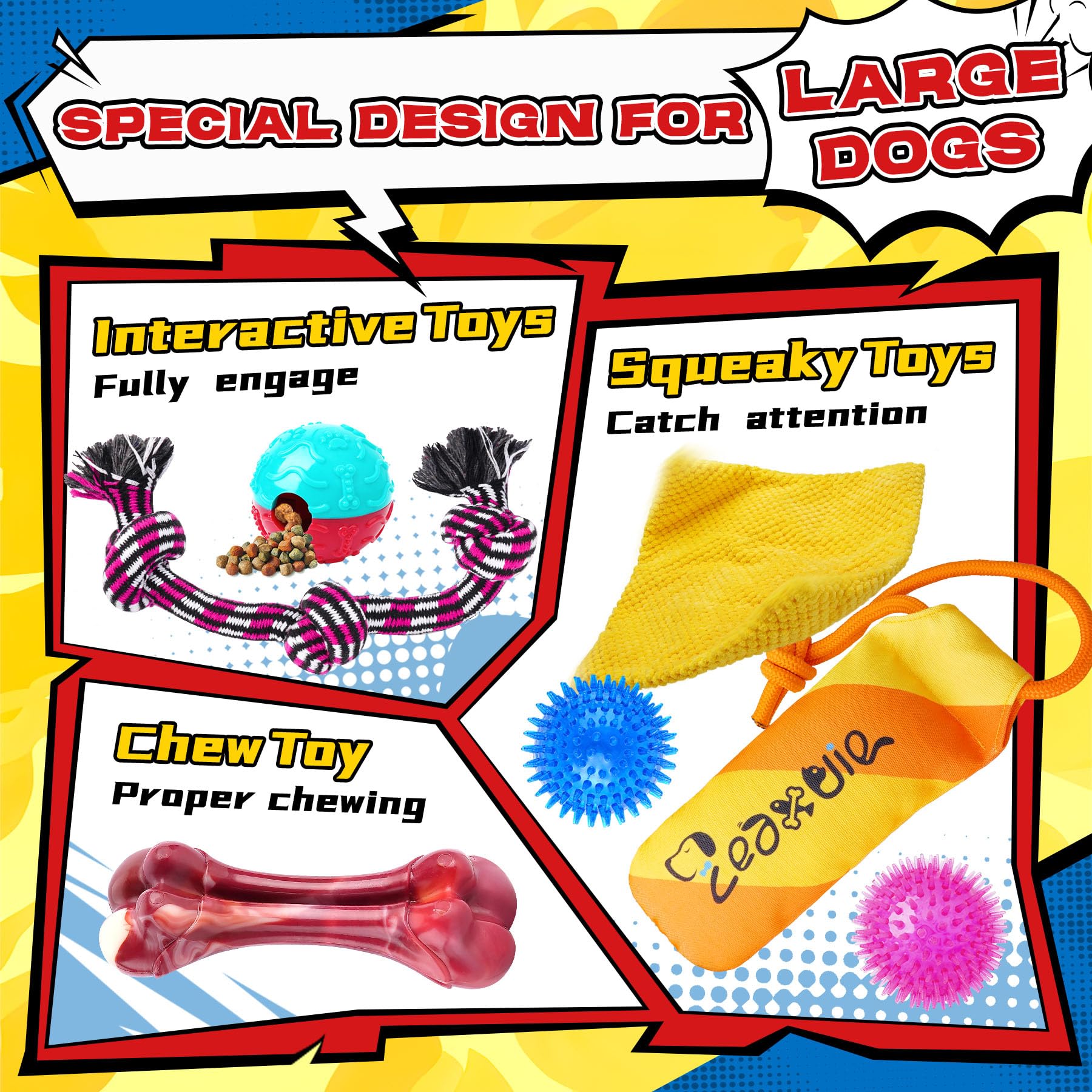 12 Pack Durable Dog Chew Toys for Aggressive Chewers - Heavy Duty Rope Toys, Squeaky Toys & Indestructible Chew Bones for Medium, Large & X-Large Dogs - Perfect for Playtime, Training & Teeth Cleaning