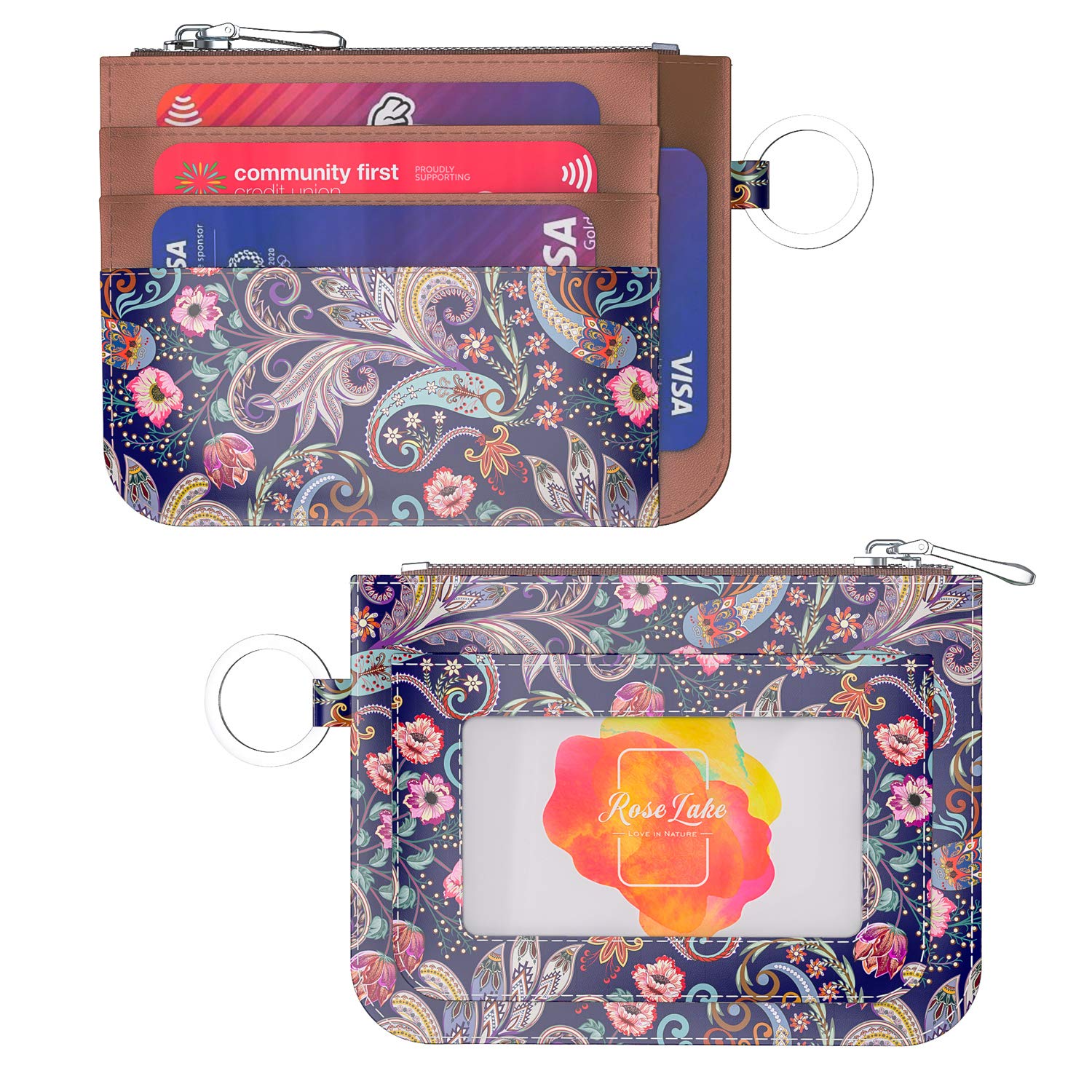 RFID Blocking Slim Credit Card Holder Wallet for Women - Rose Lake Front Pocket Card Case with Key Ring, Purple Brown | Perfect for Travel, Shopping & Everyday Use