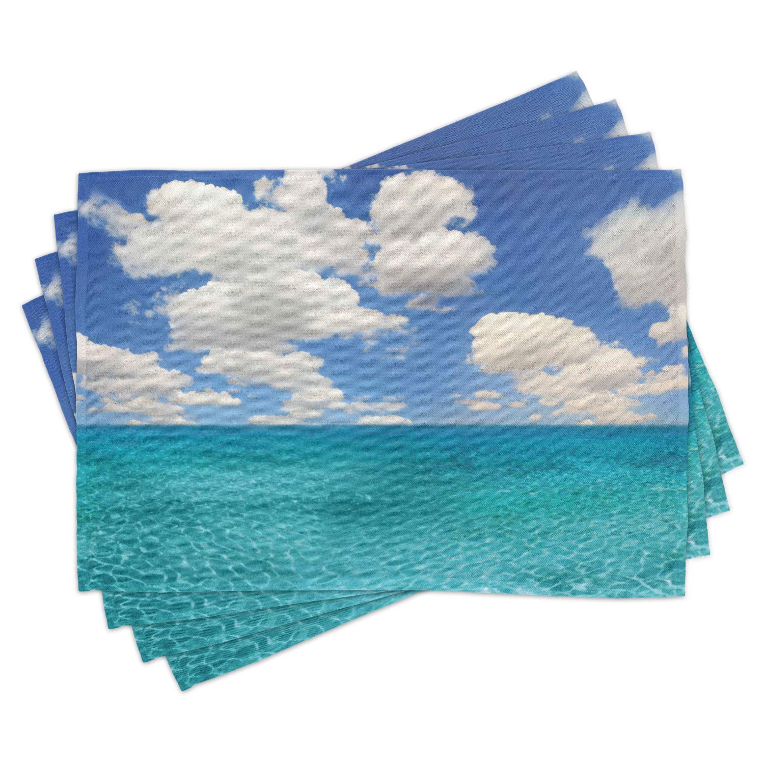 Ambesonne Ocean Placemats Set of 4 - Tropical Island Seascape with Dreamy Skyline & Crystal Water, Washable Fabric Table Mats for Dining Room & Kitchen Decor in Turquoise Aqua - Perfect for Beach-Themed Parties & Coastal Home Decor