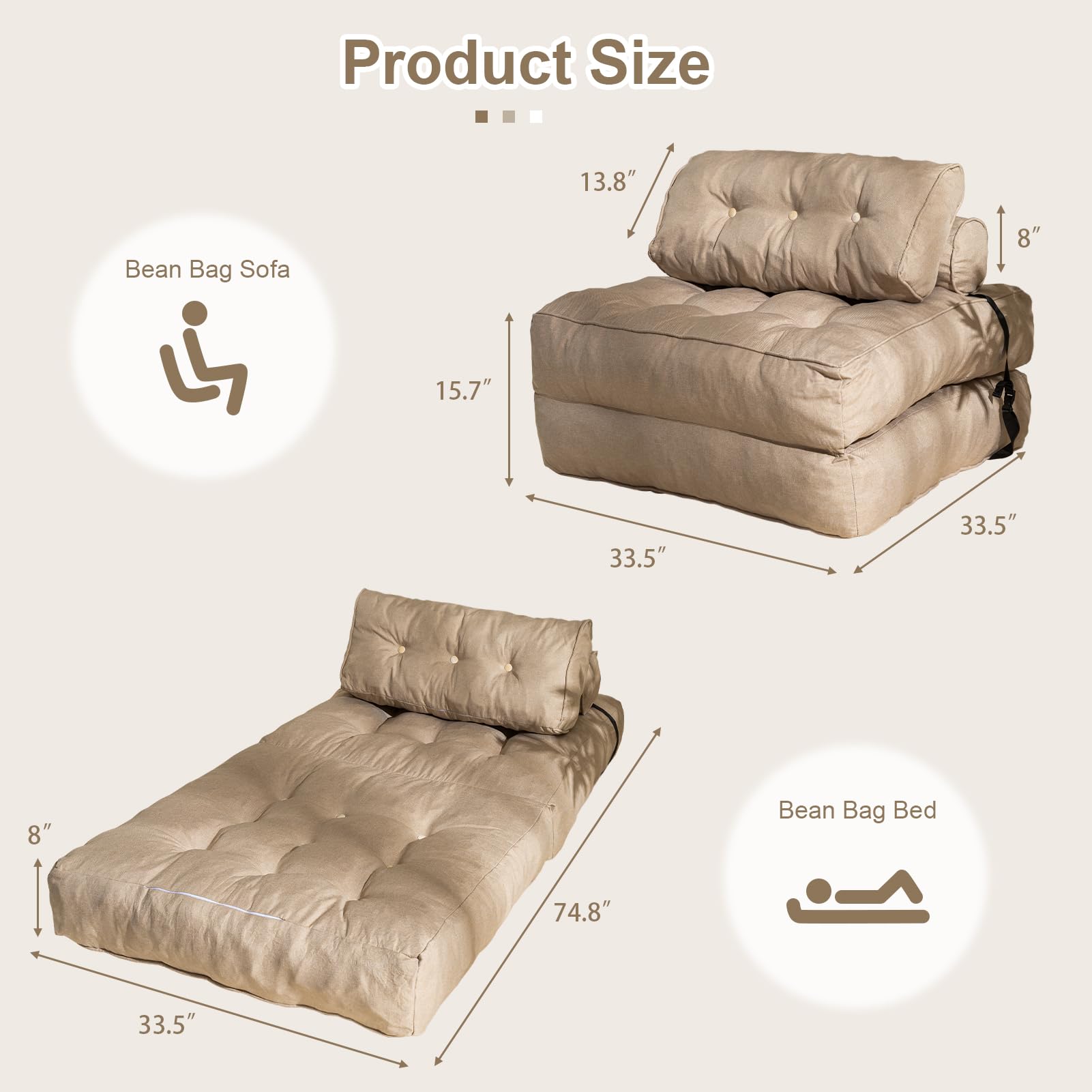 MAXYOYO Folding Couch Sofa Bed - Convertible Sleeper Chair with Back Support & Pillow, Beige - Perfect for Small Spaces, Guest Rooms & Apartments