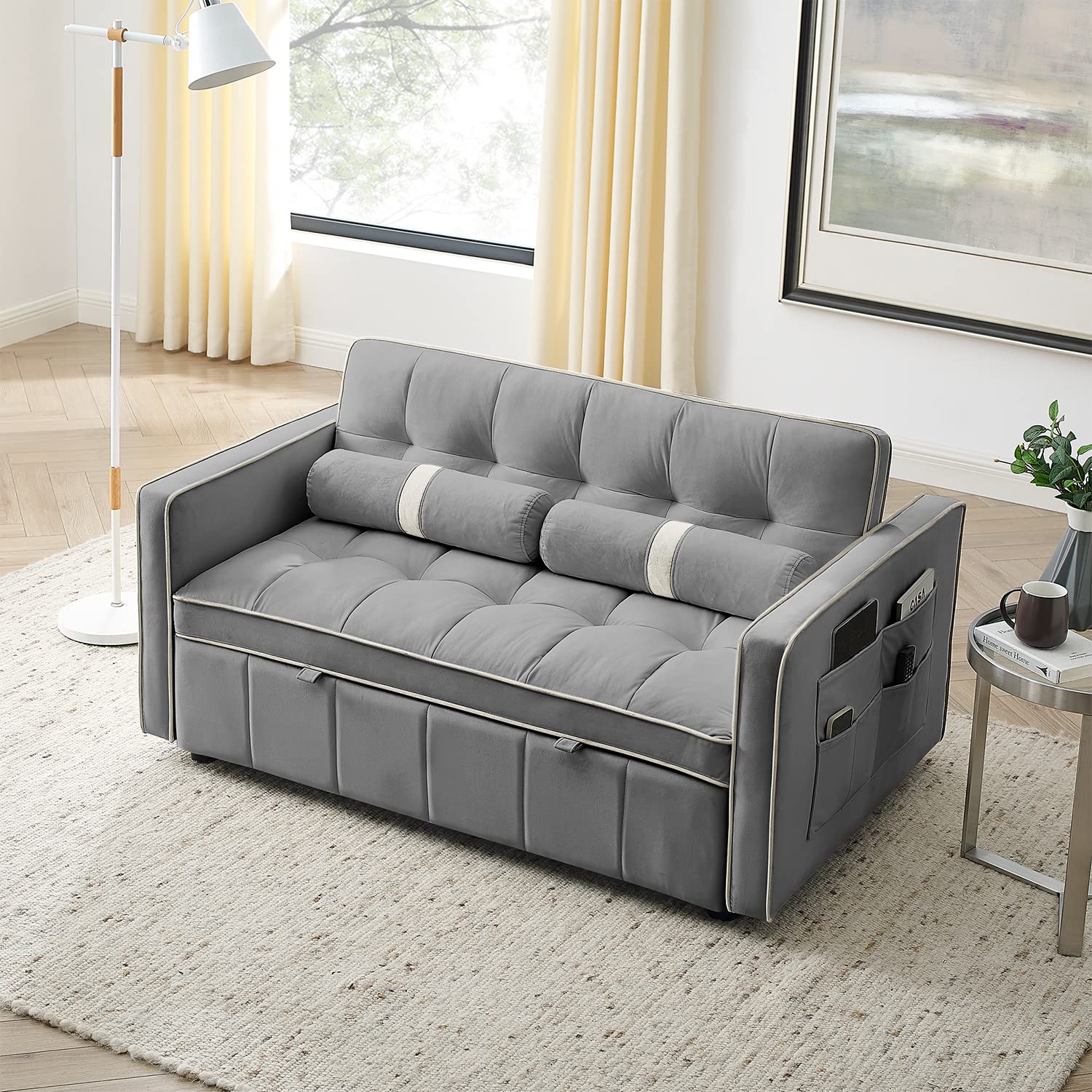 3 in 1 Convertible Sleeper Sofa Bed - Small Tufted Velvet Loveseat with Pullout Bed & Adjustable Backrest - Modern Futon Couch for Living Room, Apartment & Small Spaces - Includes Cylinder Pillows - Easy Assembly - Grey (55.5