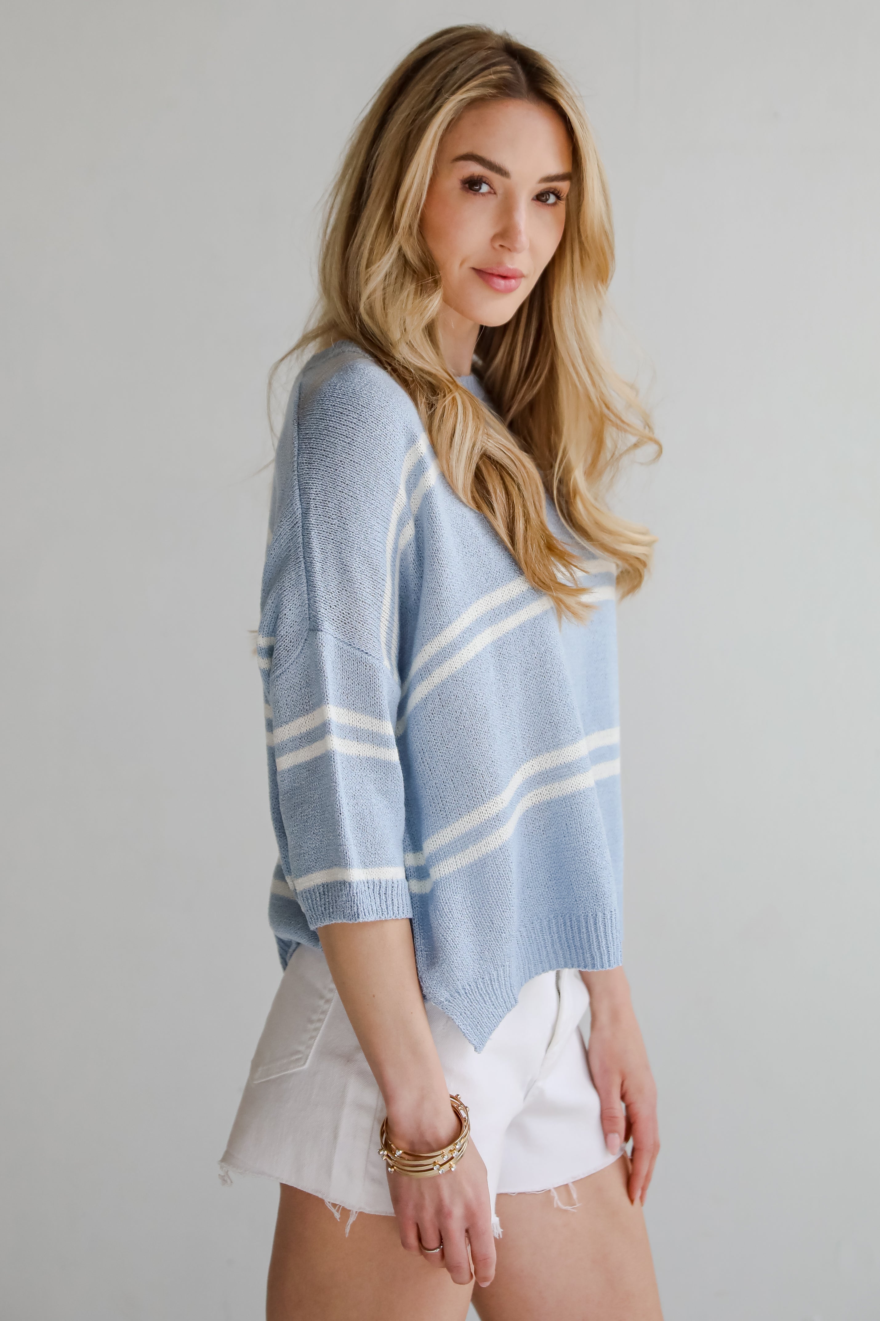Stylish Blue Striped Lightweight Knit Top for Women - Breathable Summer Casual T-Shirt - Perfect for Beach Outings, Date Nights & Everyday Wear