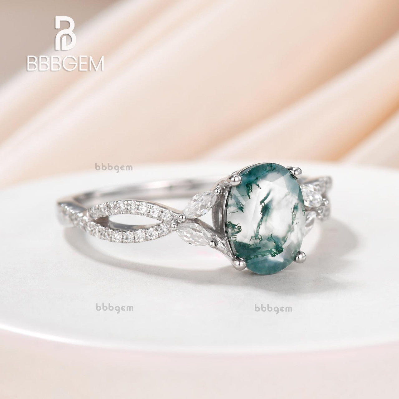 14K Pink Gold Oval Cut Moss Agate Engagement Ring with Marquise Moissanite Infinity Band - Elegant Wedding Ring for Women, Perfect for Proposals, Anniversaries & Special Occasions